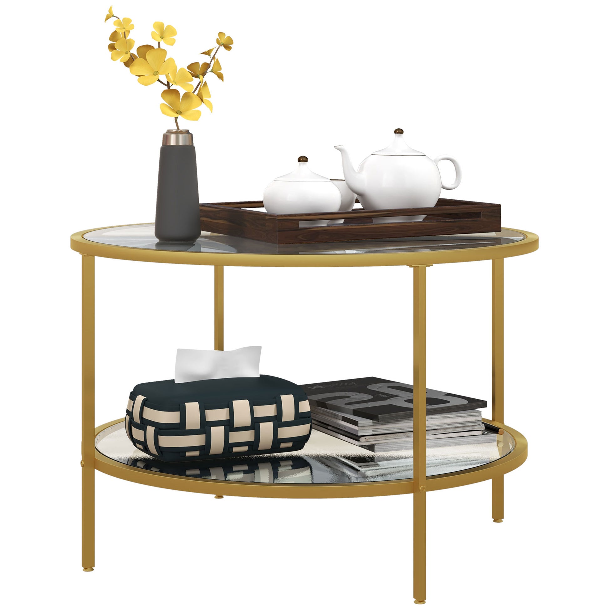 Homcom Side Table With Storage, 26" Round End Table, 2 Tier Tempered Glass Coffee Table With Steel Frame For Living Room, Gold Gold Glass Metal