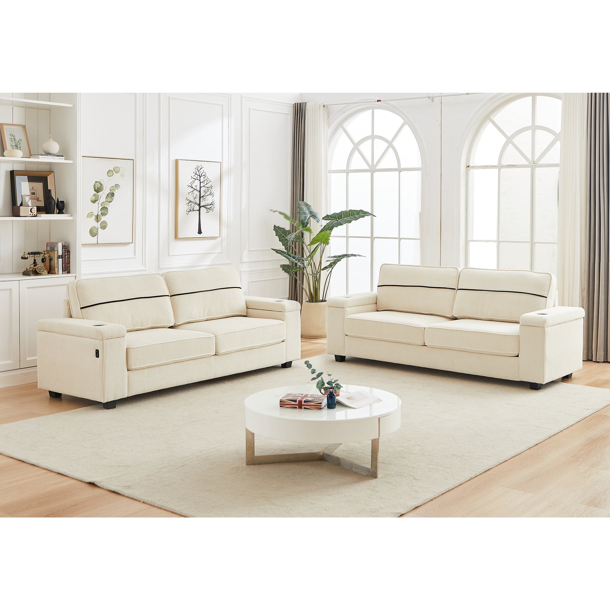 86.5 Inch Sofa Couch Deep Seat Sofa With Two Storage Spaces, T Pyce Charging Portsusb Charging Ports & 2 Cup ,Corduroy 3 Seater Couch, Modern Sofas For Living Room Beige Foam Corduroy 3 Seat