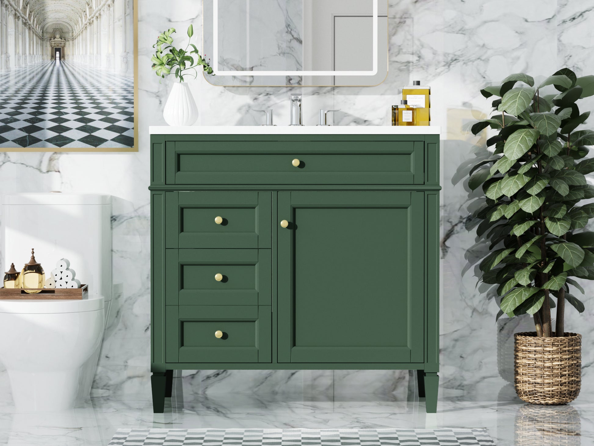 36'' Bathroom Vanity With Top Sink, Modern Bathroom Storage Cabinet With 2 Drawers And A Tip Out Drawer, Single Sink Bathroom Vanity 3 Green 1 1 Adjustable Hinges Bathroom Freestanding Solid Wood Mdf Resin Painted