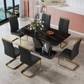 Table And Chair Set,Modern Minimalist Rectangular Dining Table, 0.4 Inch Thick, With A Black Imitation Marble Pattern Glass Desktop And Black Mdf Legs. Comfortable Pu Seats,Perfect For Dinner, Meet Black Seats 6 Mdf Glass