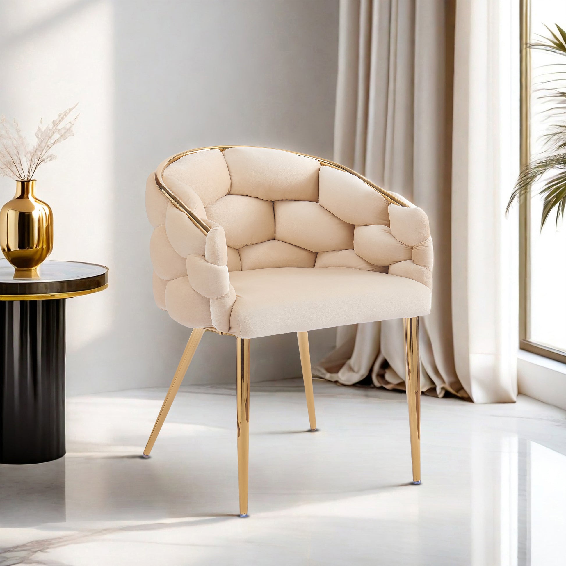 Set Of 2 Luxury Handmade Accent Chair With Gold Legs, Modern Velvet Armchair For Living Room And Bedroom Beige Foam Velvet
