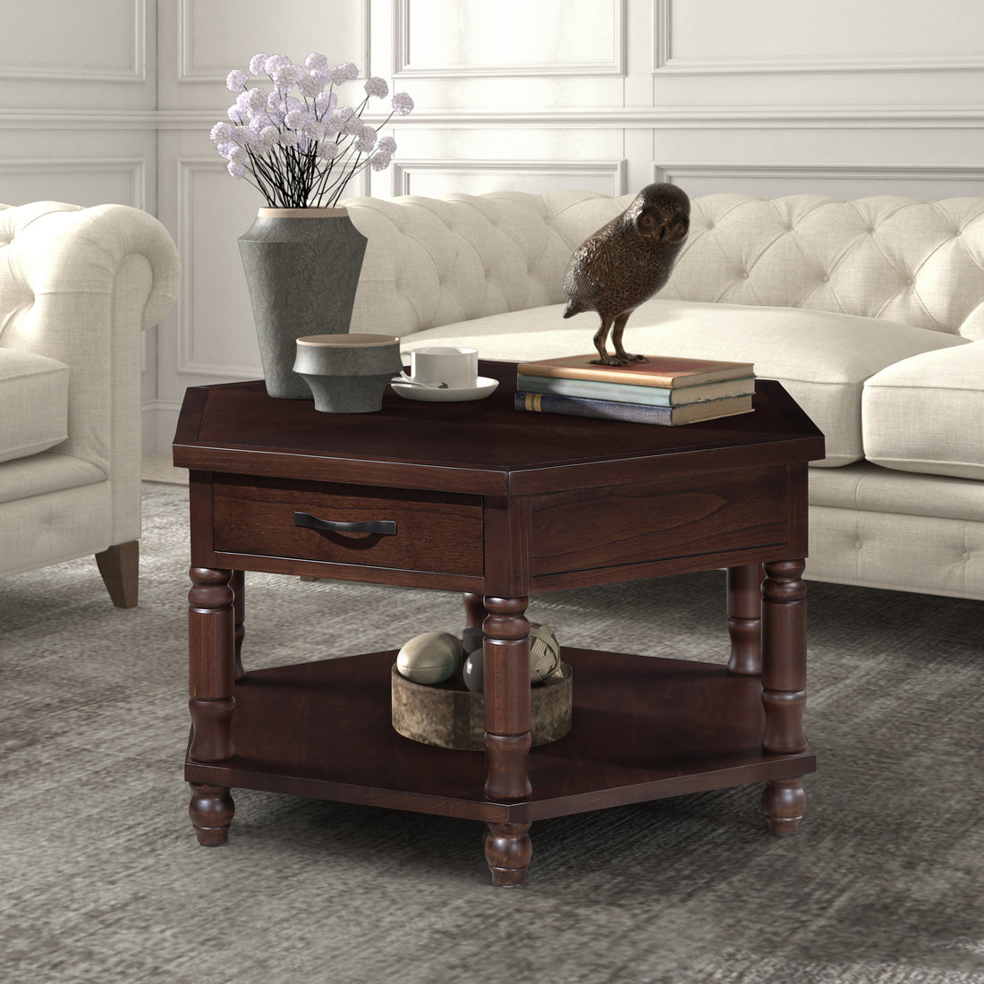 2 Tier Retro Hexagon Living Room Solid Wood Coffee Table With Shelf & Drawer, 36'' Mid Century Center Coffee Table For Living Room, Office. Light Espresso Light Espresso Pine