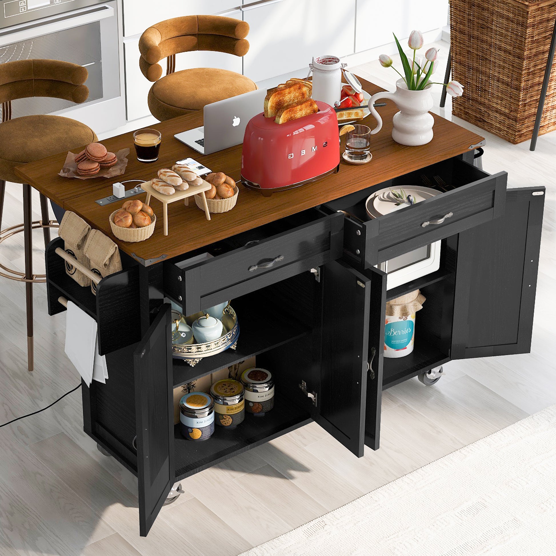 K&K 53.5''Farmhouse Kitchen Island With Power Outlet, Kitchen Storage Island With Drop Leaf, Spice Rack And Drawer, Rolling Kitchen Cart On Wheels, For Home, Kitchen And Dining Room, Black Black