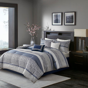 7 Piece Jacquard Comforter Set Navy Queen Queen Navy Polyester