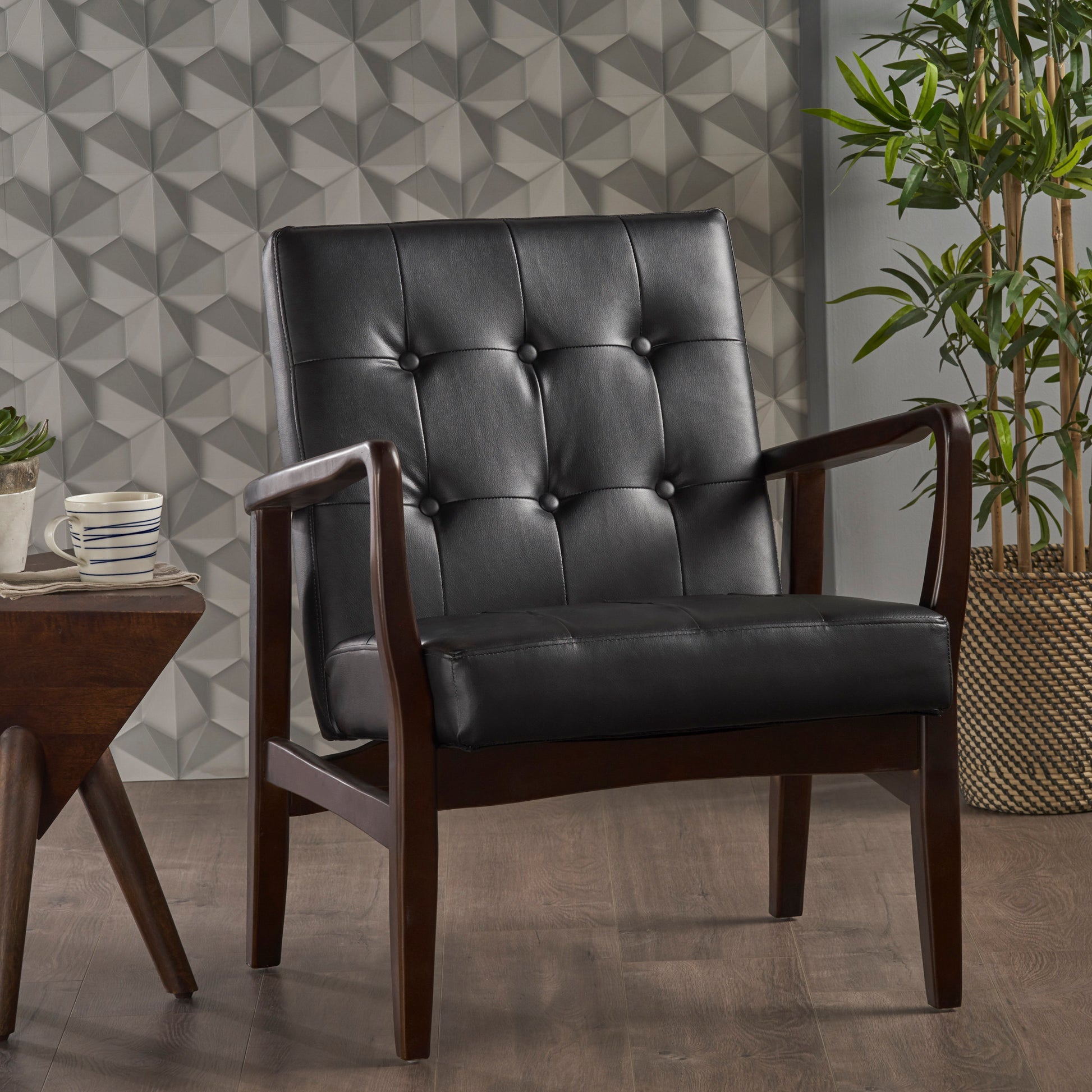 Club Chair, Mid Century Modern Faux Leather Club Chair With Wood Frame Black Pu