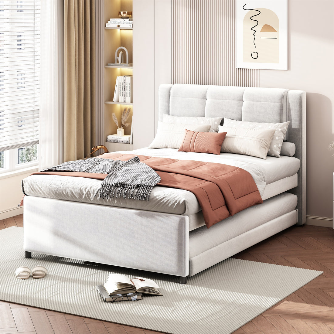 Full Size Upholstery Platform Bed With Trundle,Trundle Can Be Flat Or Erected, Beige Box Spring Not Required Full Beige Bedroom Linen Upholstered