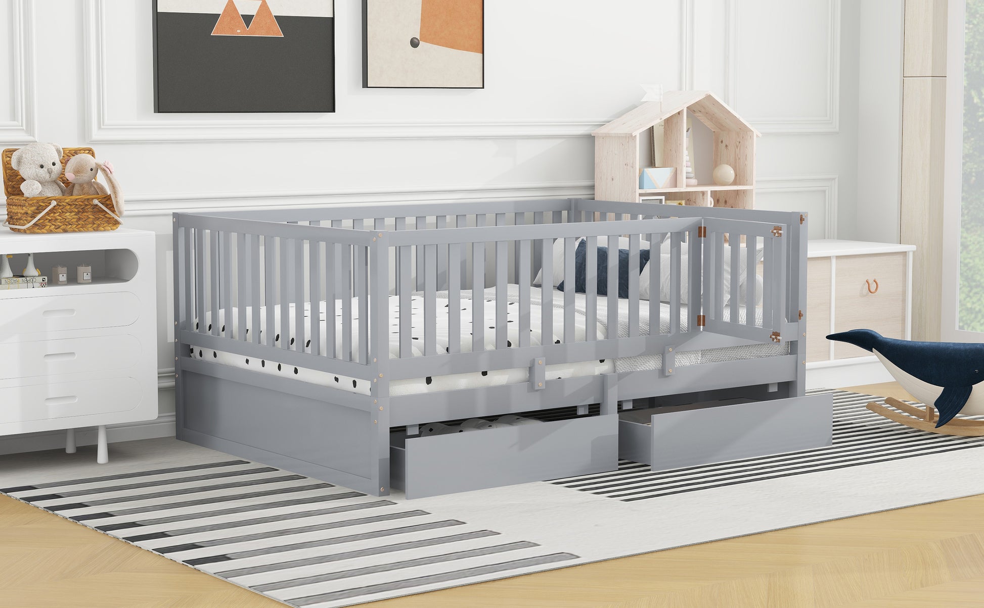 Full Size Wood Daybed With Fence Guardrails And 2 Drawers, Split Into Independent Floor Bed & Daybed, Gray Old Sku :Lp000882Aae Full Gray Solid Wood Mdf