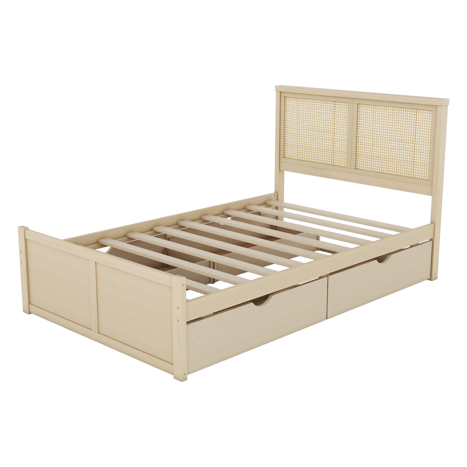 Full Size Wood Storage Platform Bed With 4 Drawers, Rattan Headboard, Nature Box Spring Not Required Full Antique Natural Wood Bedroom Bed Frame Wood Rattan