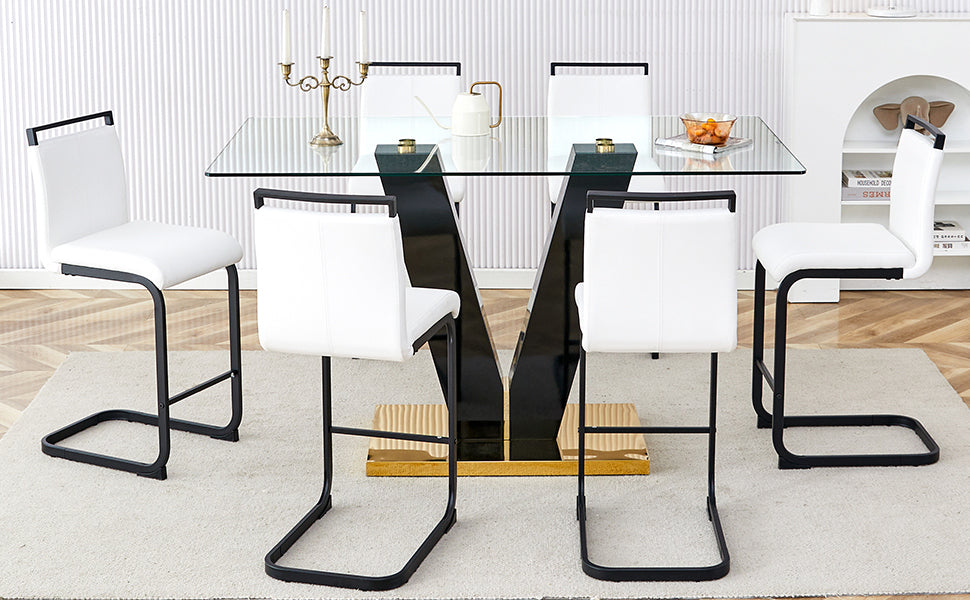 Table And Chair Set. A Rectangular Glass Dining Table With A 0.4 Inch Tempered Glass Tabletop And Mdf Board V Shaped Bracket, Paired With Chairs Consisting Of Pu Seat Cushions And Black Metal Legs. White Black Seats 6 Tempered Glass