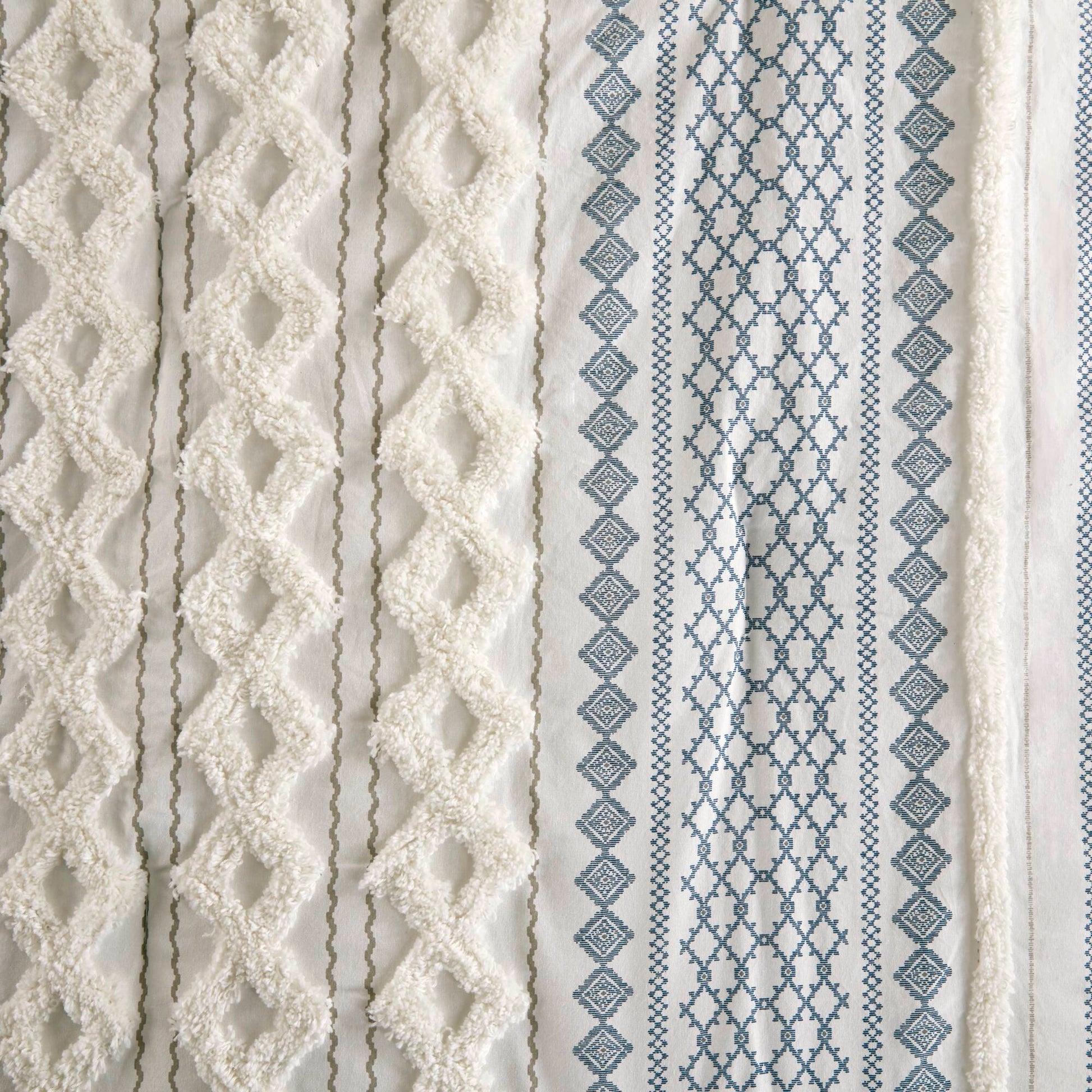 Cotton Printed Comforter Set With Chenille White Navy Full Queen Queen White Navy Cotton