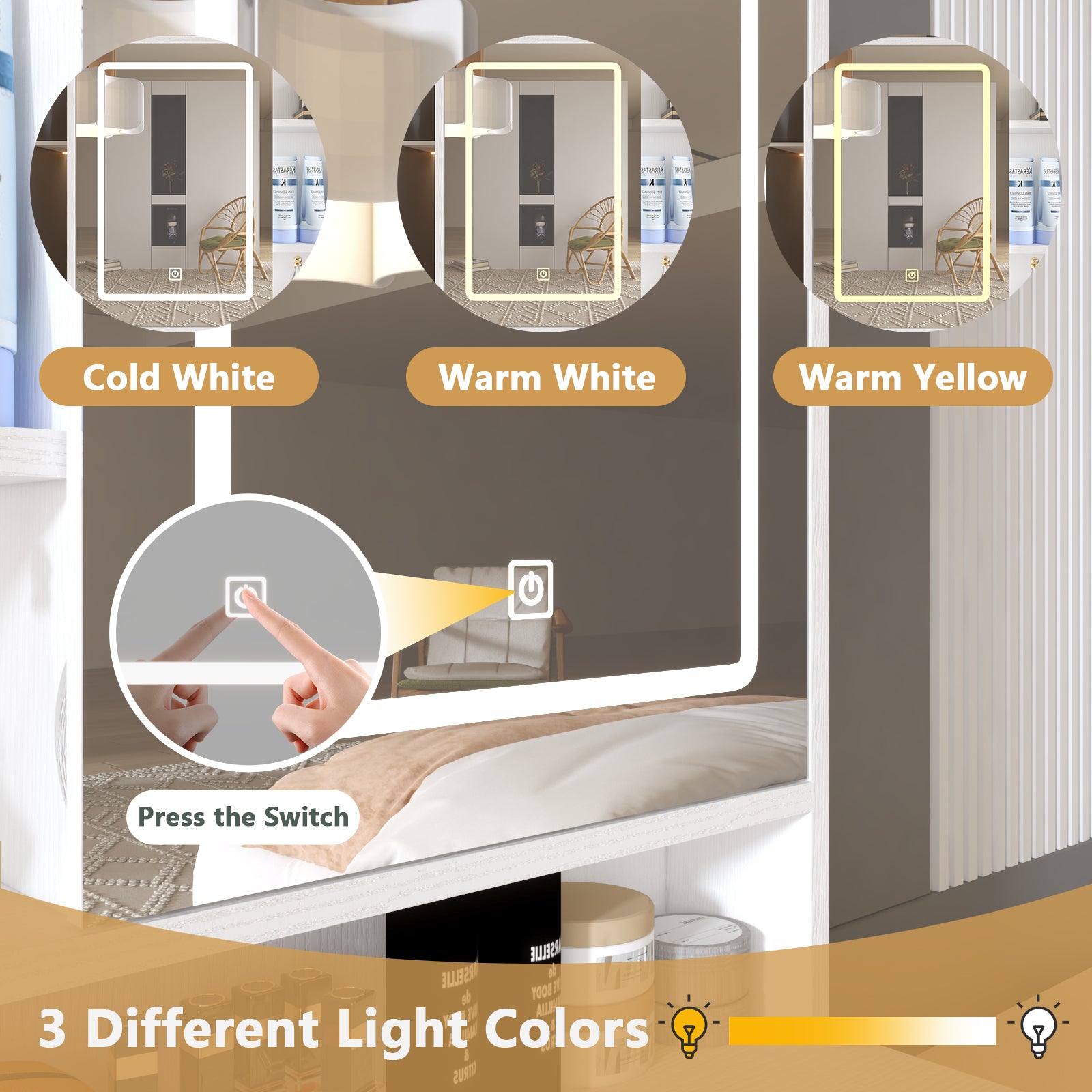 Makeup Vanity With Lights In 3 Colors & Openable Mirror, Vanity Desk With 4 Drawers & 1 Cabinets & Shelves, Vanity Table Rattan Vanity Dresser, For Bedroom Sliding White Drawer 3 Drawers Bedroom Extra Deep Drawers Mdf