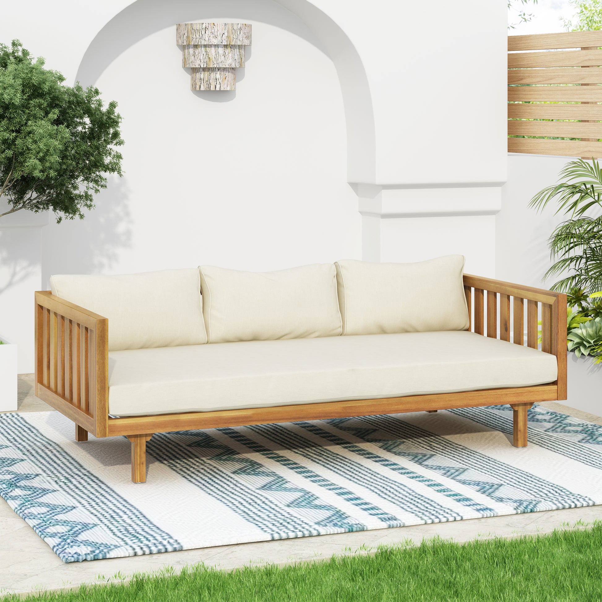 Claremont 3 Seater Daybed Beige Teak Wood Waterproof Fabric