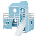 Twin Size Loft Bed With Slide Pink Tent And Tower Blue Old Sku:Wf298769Aac Twin Blue Solid Wood