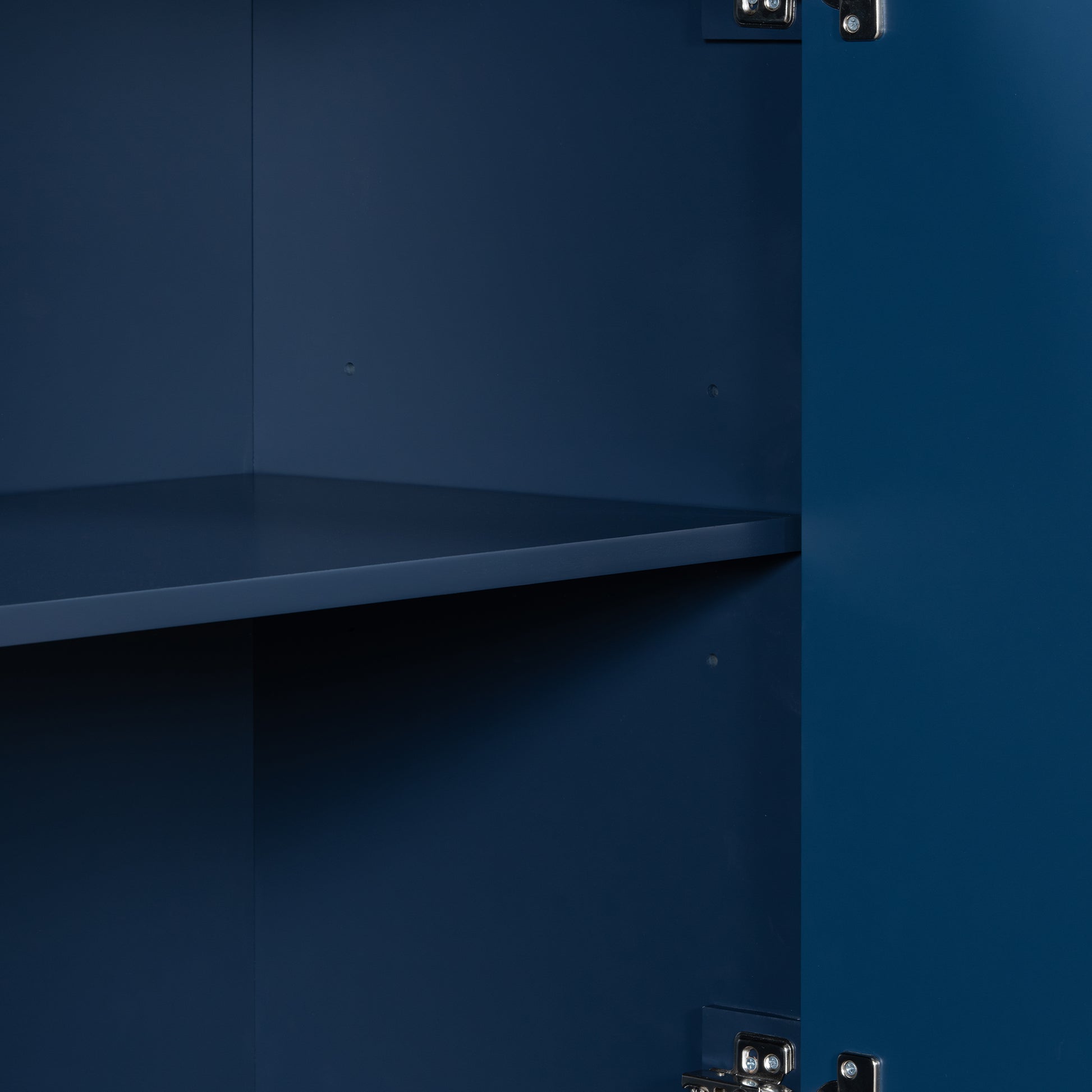 Unique Features Of A Four Door Cabinet With Two Tone Triangular Pattern Doors, Suitable For Entryway, Hallway, Living Room 3 4 Spaces Navy Blue Primary Living Space Adjustable Shelves Artsy,Contemporary Mdf