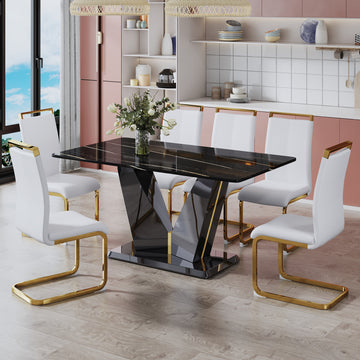 Table And Chair Set,Modern Minimalist Rectangular Dining Table, 0.4 Inch Thick, With A Black Imitation Marble Pattern Glass Desktop And Black Mdf Legs. Comfortable Pu Seats,Perfect For Dinner, Meet White Black Seats 6 Mdf Glass