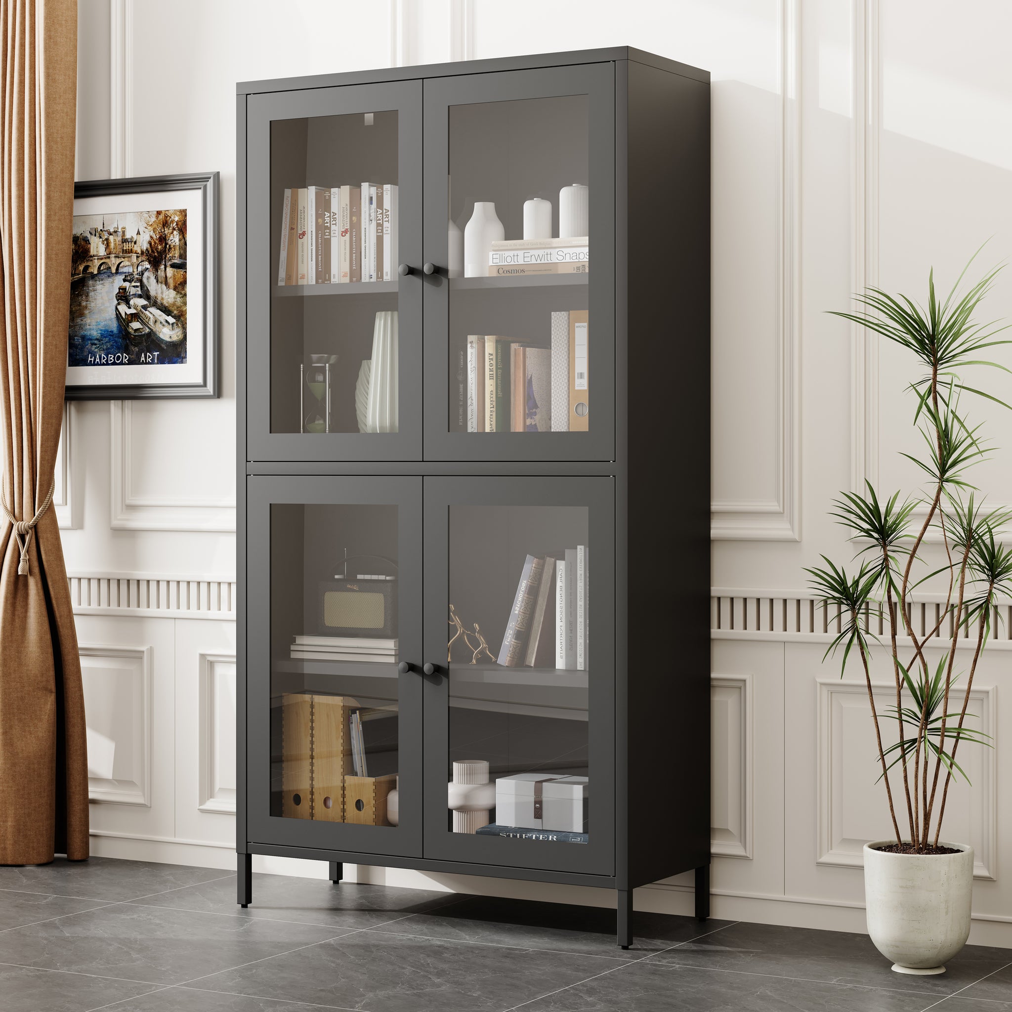 Classic Metal Storage Cabinet Display Cabinet With 4 Glass Doors 4 Shelves Cabinet Bookcase Side Cabinet For Home Office Living Room Kitchen Hallway Black, Flat Tempered Glass Freestanding 3 4 Shelves Glass Pane Black Study Glass Doors Classic Steel