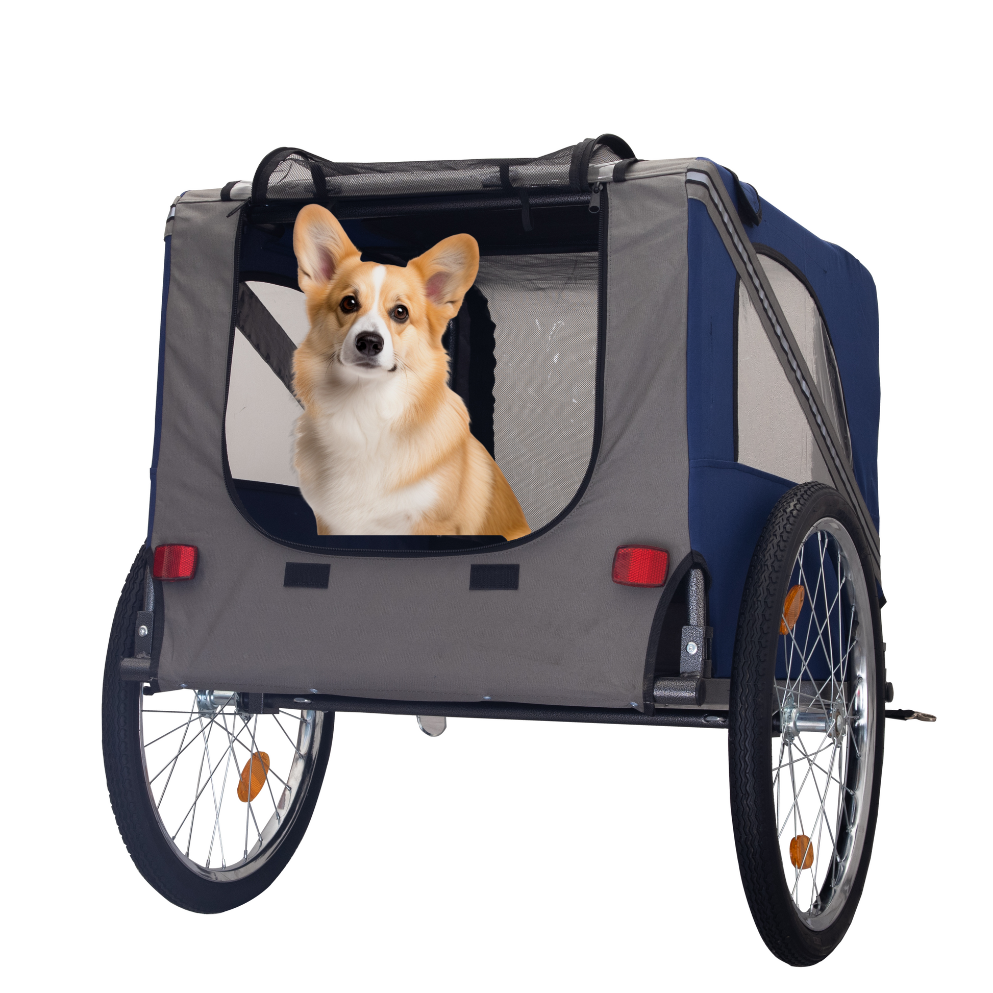 Dog Bike Trailer,Mesh Dog Cart With 3 Entrances, Safety Flag, 8 Reflectors, Folding Pet Carrier Wagon With 20 Inch Wheels, Bicycle Carrier For Medium And Small Sized Dogs Blue Gray Fabric Steel