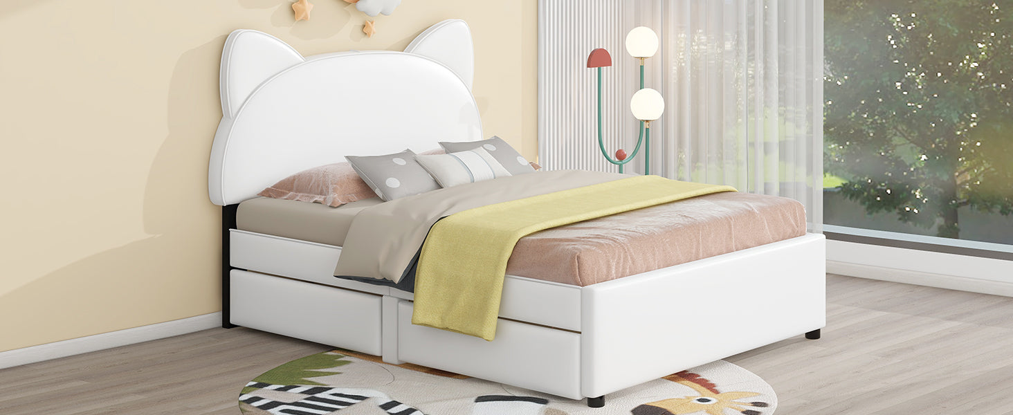 Full Size Upholstered Platform Bed With Cartoon Ears Shaped Headboard And 2 Drawers, White Box Spring Not Required Full White Wood Bedroom Bed Frame Faux Leather Upholstered