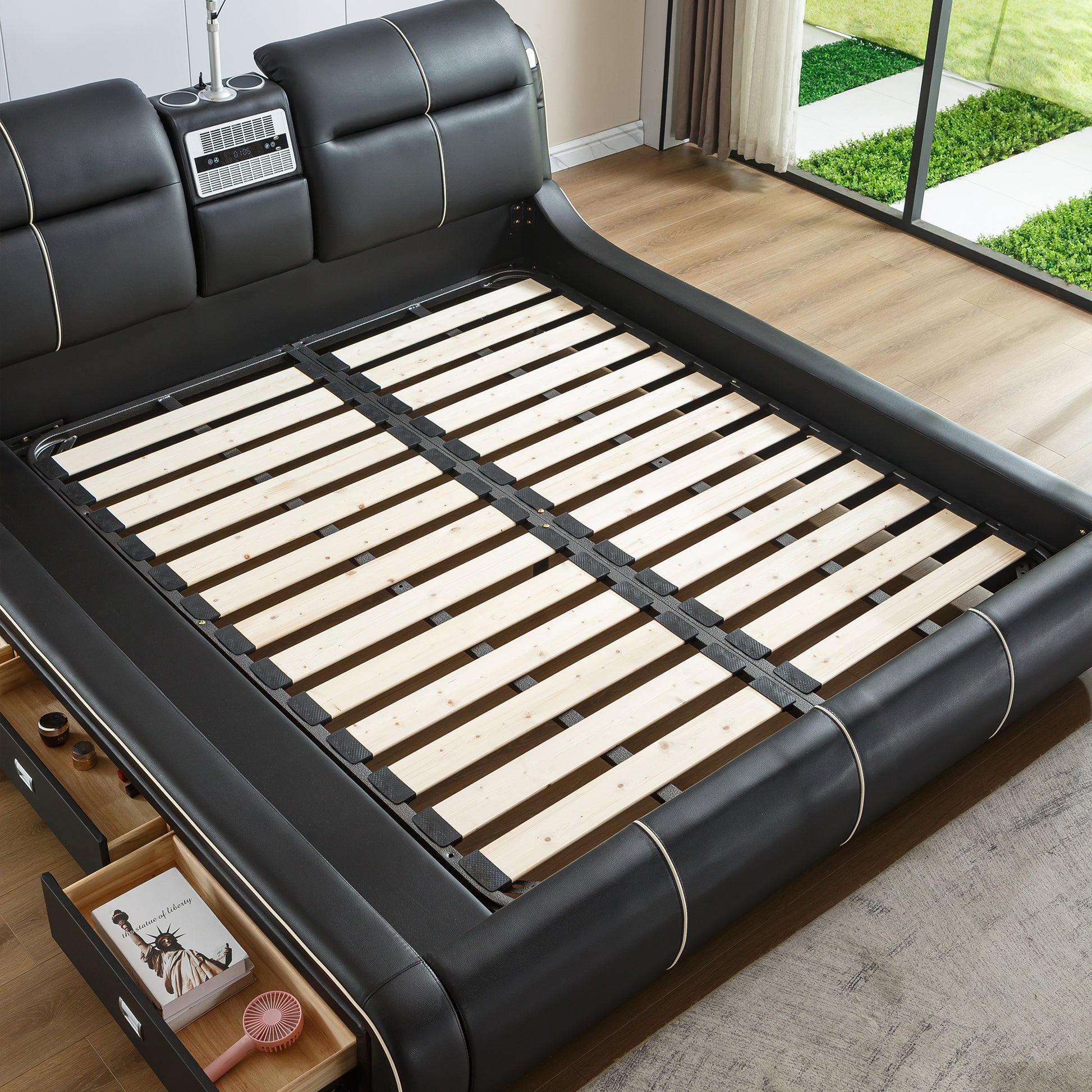 Multifunctional Upholstered Storage Bed Frame, Massage Chaise Lounge On Left, King Size,Black King Black Leather