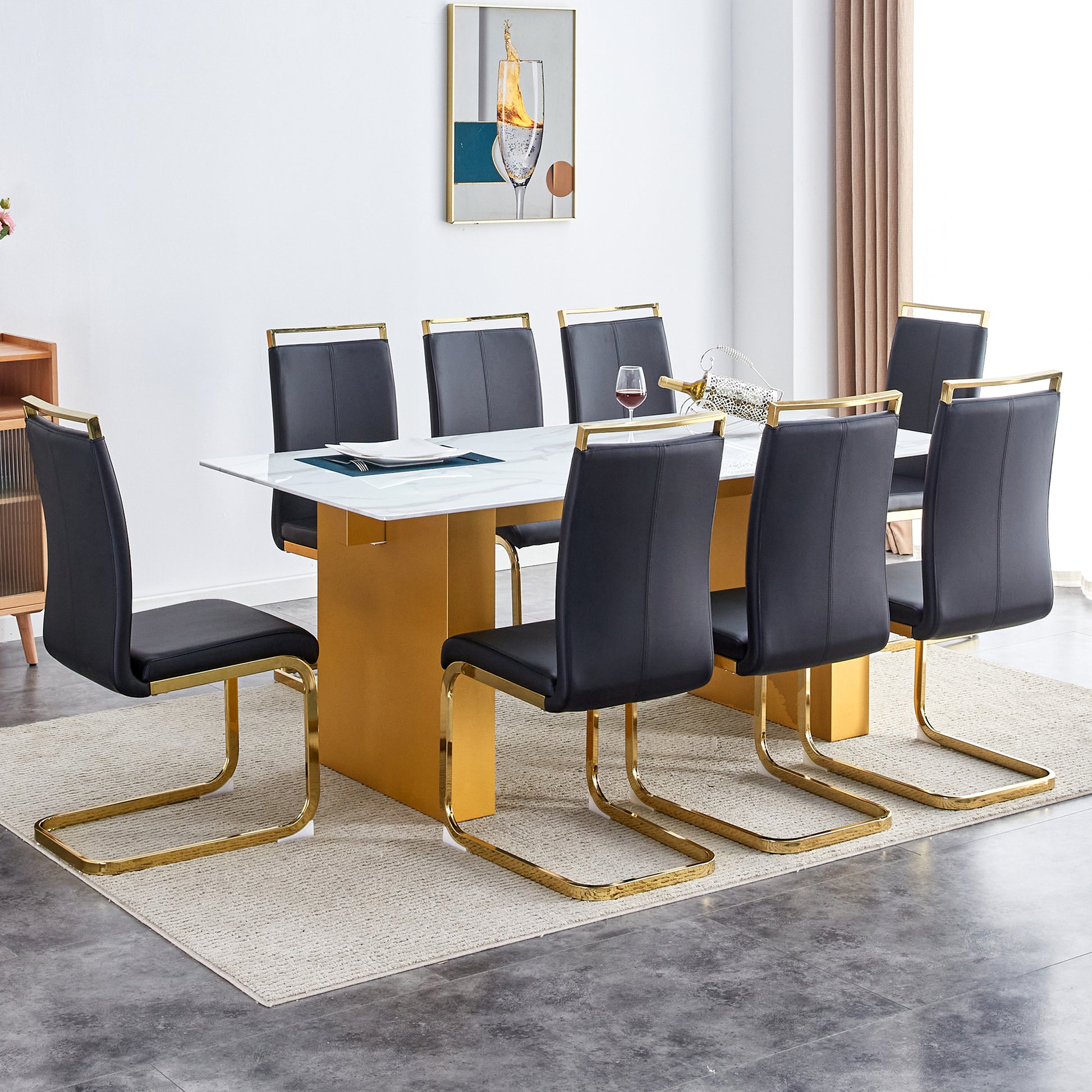 Large Modern Rectangular Table With 0.4 Inch Patterned Tabletop And Large Mdf Table Legs, Suitable For Kitchen, Dining Room, And Living Room 71 "* 35.4" * 30 " 1546 Gold Mdf Glass
