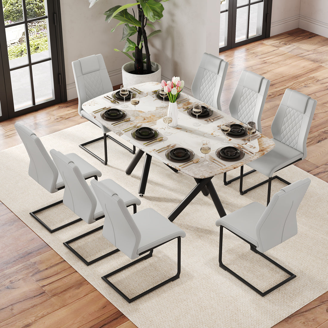 1 Table And 8 Chairs Set.A Rectangular Dining Table With A 0.39 Inch Imitation Marble Tabletop And Black Metal Legs.Paired With 8 Chairs With Pu Leather Seat Cushion And Black Metal Legs.F 1538,C 001 Black Glass Metal