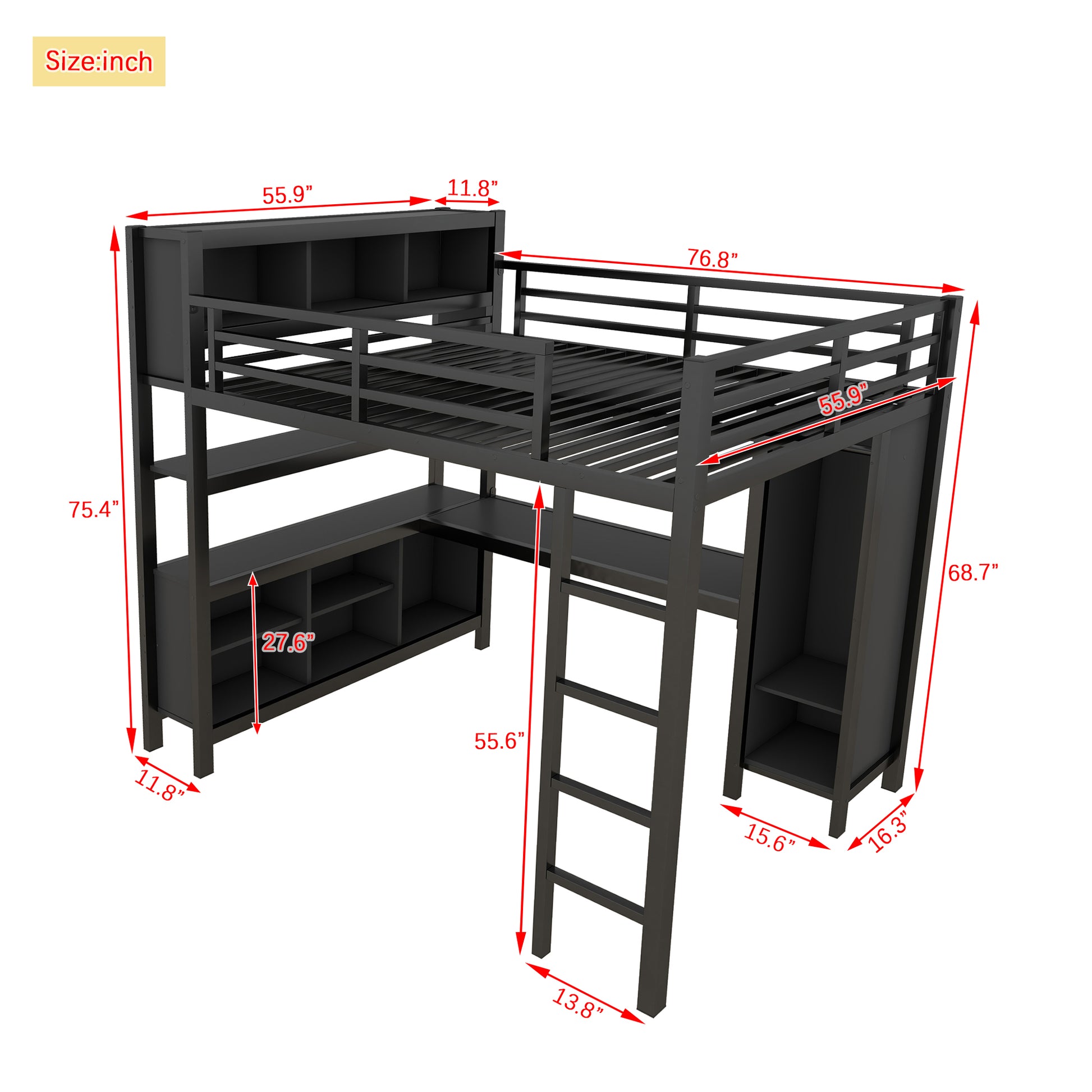 Metal Loft Bed With Wardrobe And L Shaped Desk, Full Size Loft Bed With Storage Cubes And Shelves, Heavy Duty Loft Bed For Kids Teens Adults, Black Full Black Metal