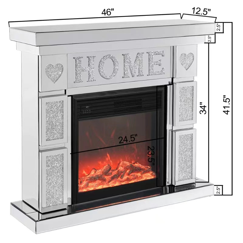 W 46" X D 12.6 X H 41 " Acrylic Diamond Mirror Fireplace Cabinet, Tv Fireplace Cabinet Powder Coated Electric Bedroom Yes Freestanding Electric 41 50 Yes Silver 400 Natural Vent American Design Acrylic Mdf Glass