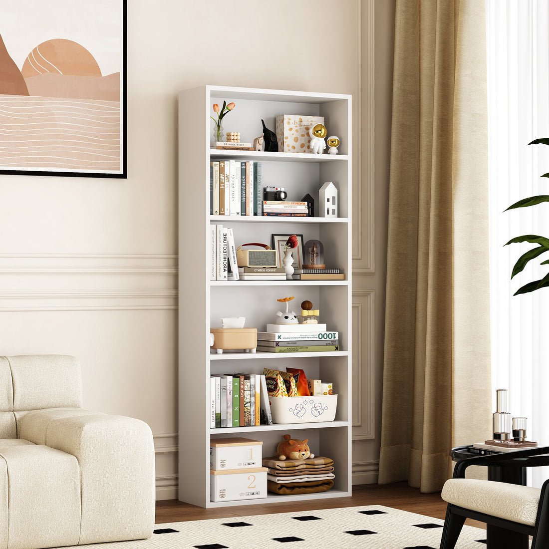 Bookshelf, 23.6 Inches Wide, 6 Tier Open Bookcase With Adjustable Storage Shelves, Floor Standing Unit, Cloud White Milk White Wood