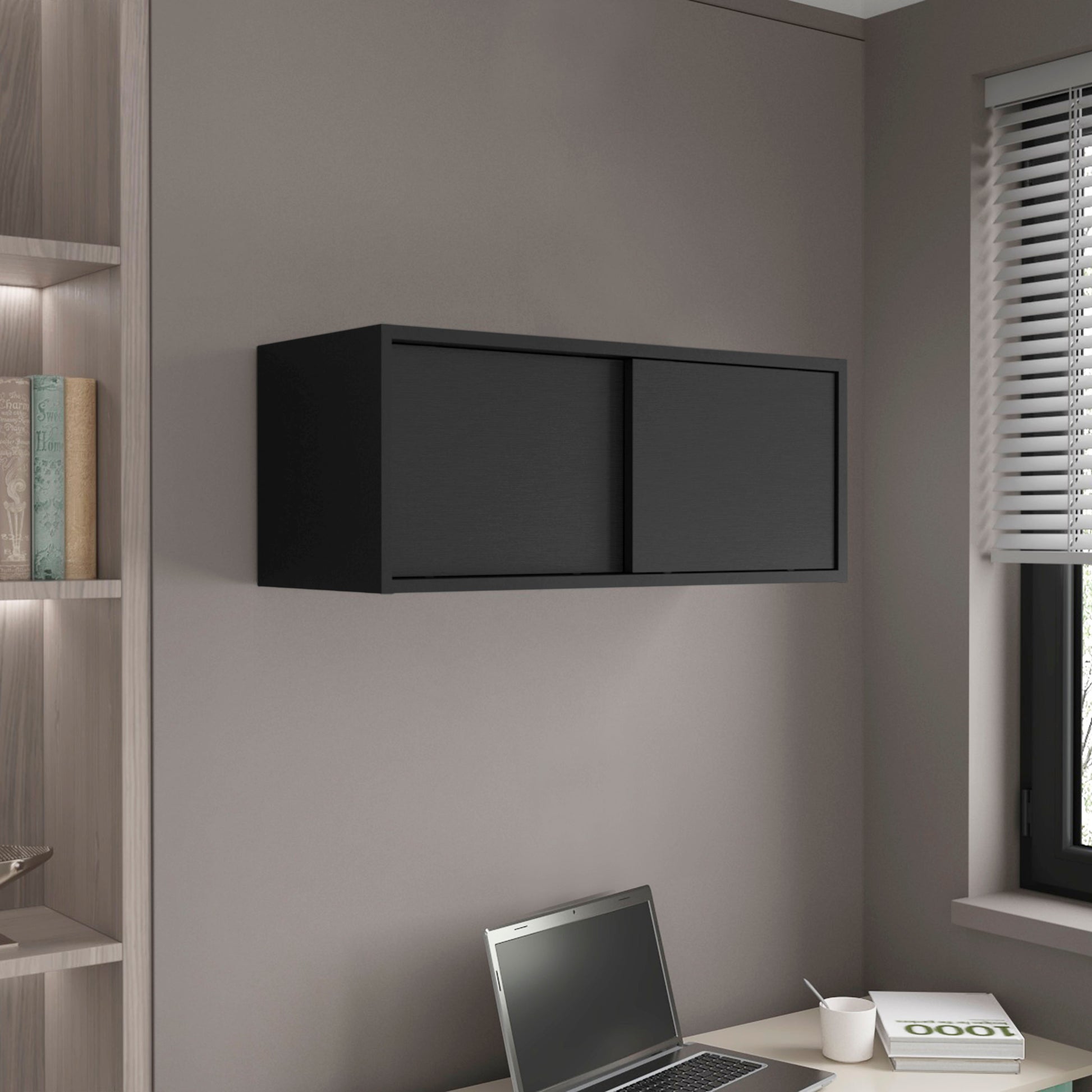 Wall Cabinet 13" H, 2 Sliding Doors, 1 Shelf, Black Black Solid Wood Mdf Engineered Wood