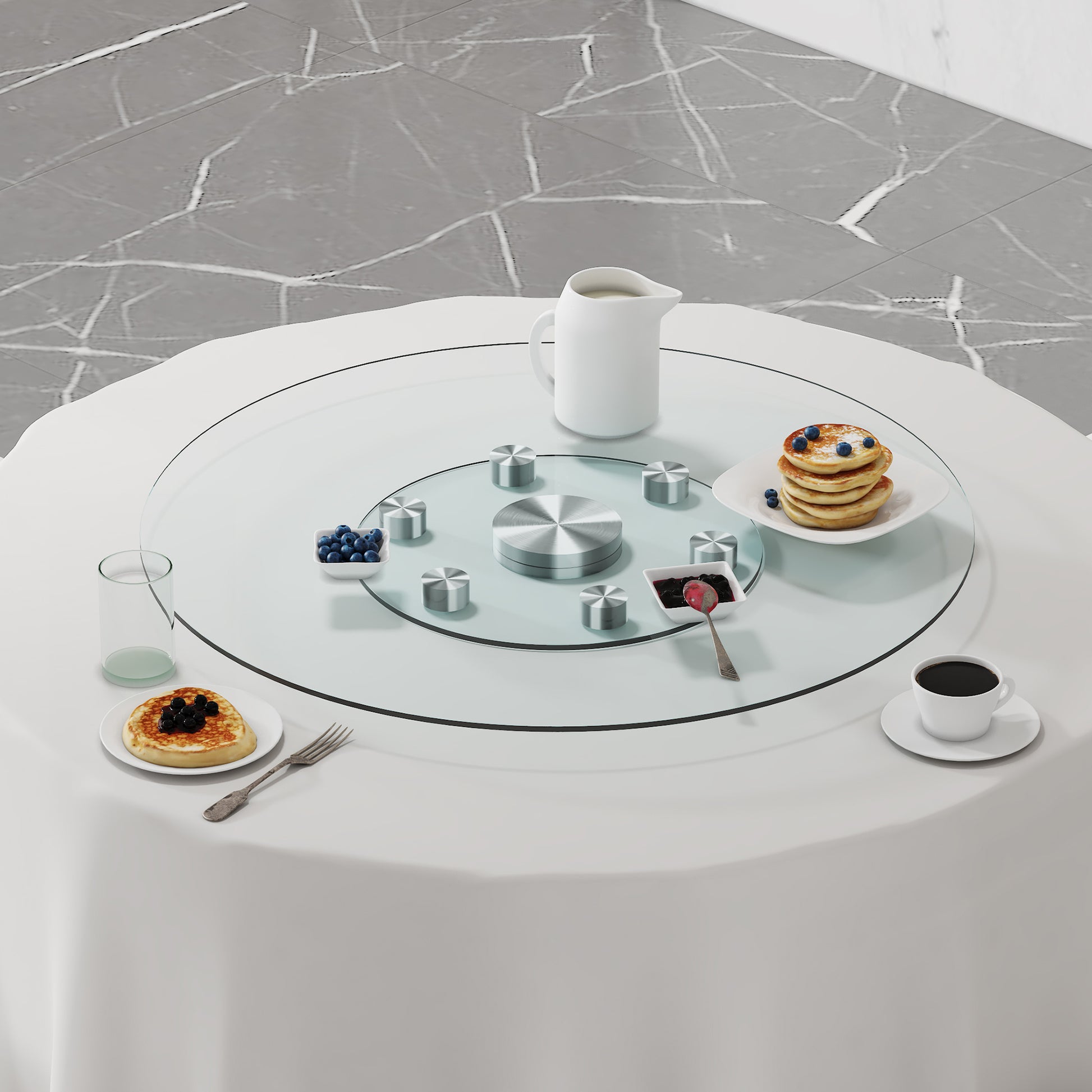 Double Layer Rotatable Round Glass.The Rotatable Design Makes It More Convenient To Retrieve And Place Items.The Upper Glass Has A Diameter Of 30.3 Inches, While The Lower Glass15 Inches. Transparent Glass