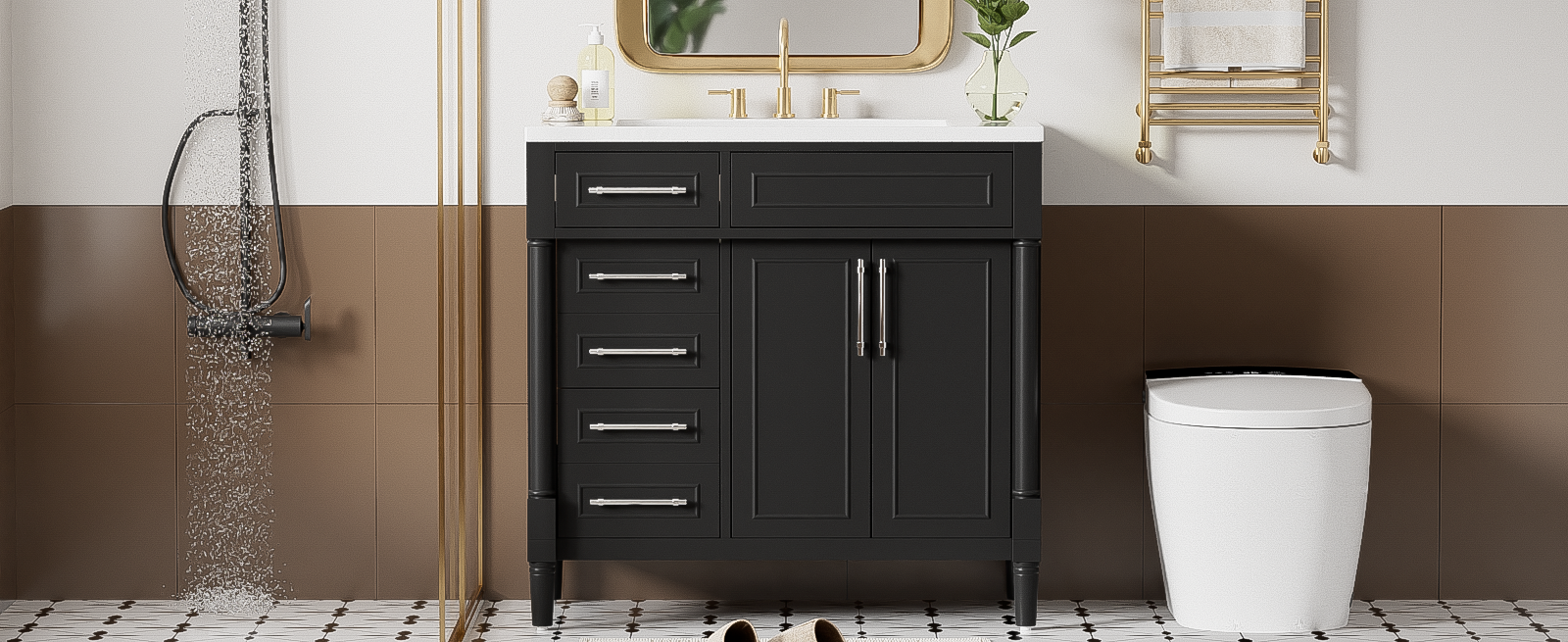 36'' Bathroom Vanity With Top Resin Sink, Freestanding Bathroom Storage Cabinet With 2 Drawers And A Tip Out Drawer, Solid Wood Frame Vanity Set, Height Adjustable Shelf Black Bathroom Solid Wood