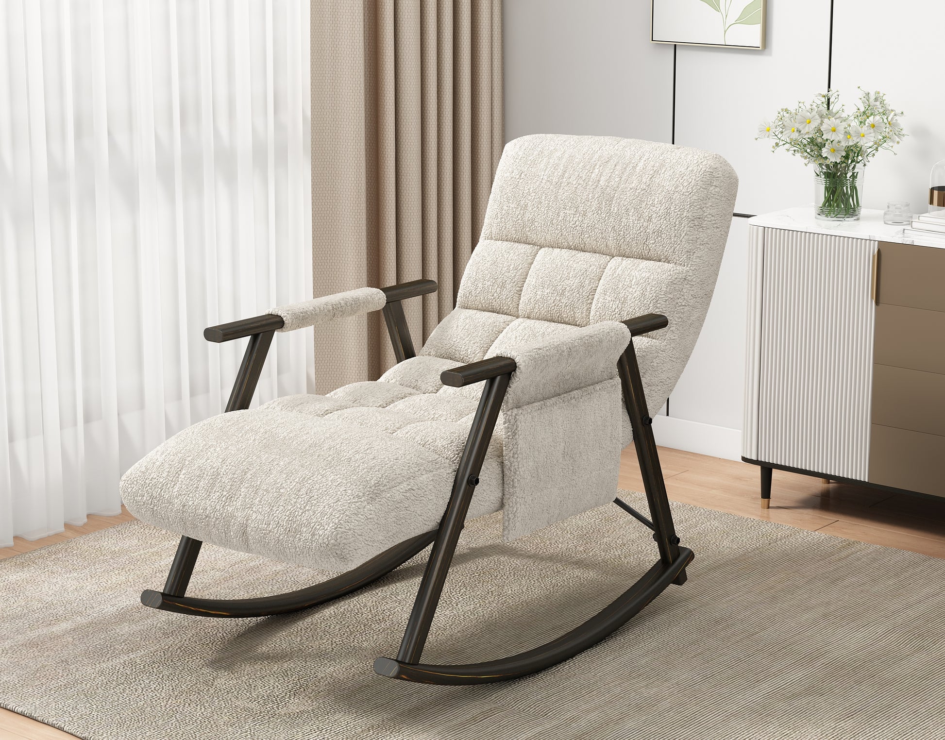 Casual Folding Rocking Chair Upholstered, Lounge Rocking Chair Adjustable High Back And Foot Rest,Side Pockets Placed In Living Room Bedroom Balcony White Teddy