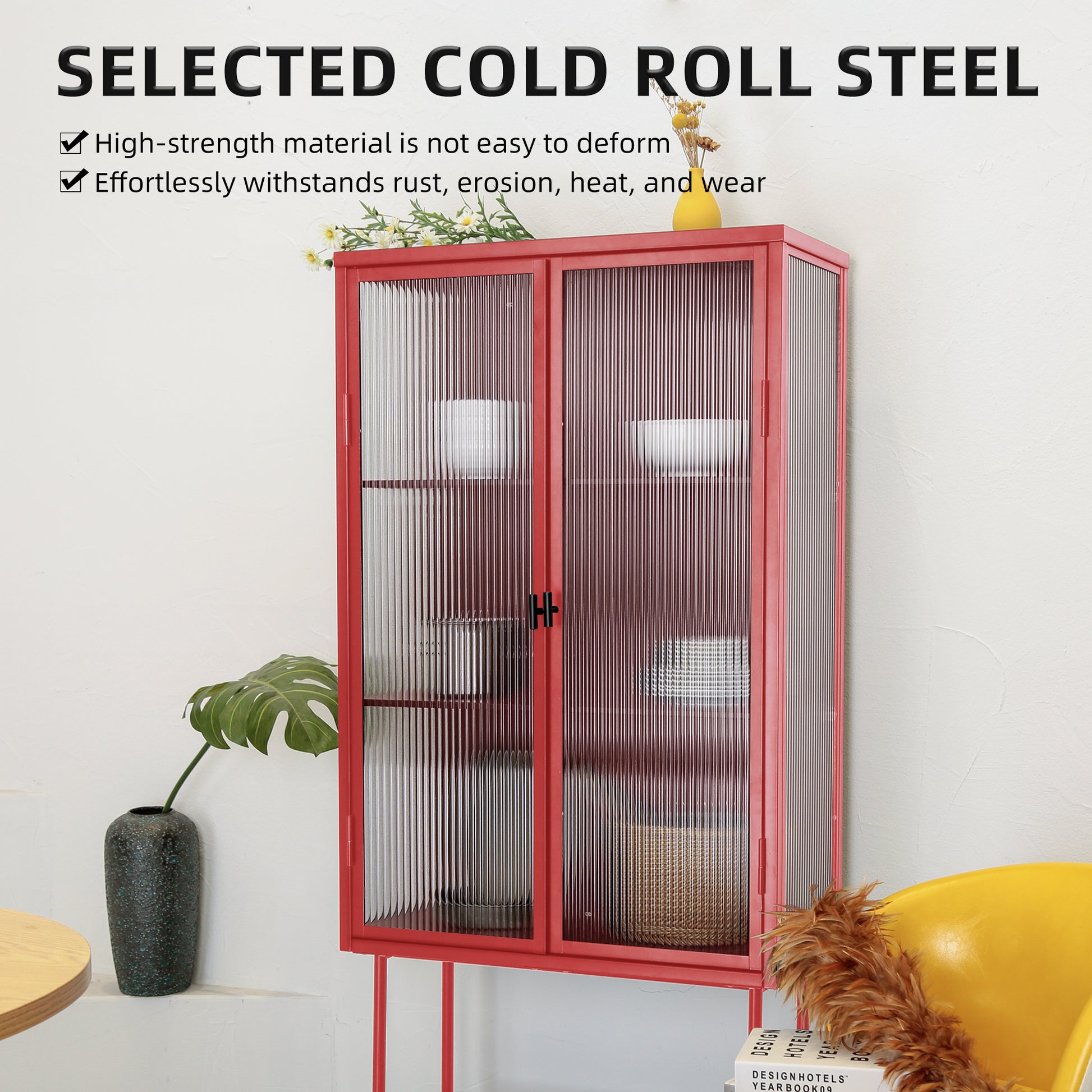 Retro Style Red Tall Freestanding Display Cupboard Stylish Fluted Glass Storage Cabinet With Glass Doors Three Detachable Shelves Bottom Space For Office Dining Room Living Room Old Sku:W68751710 Red Steel