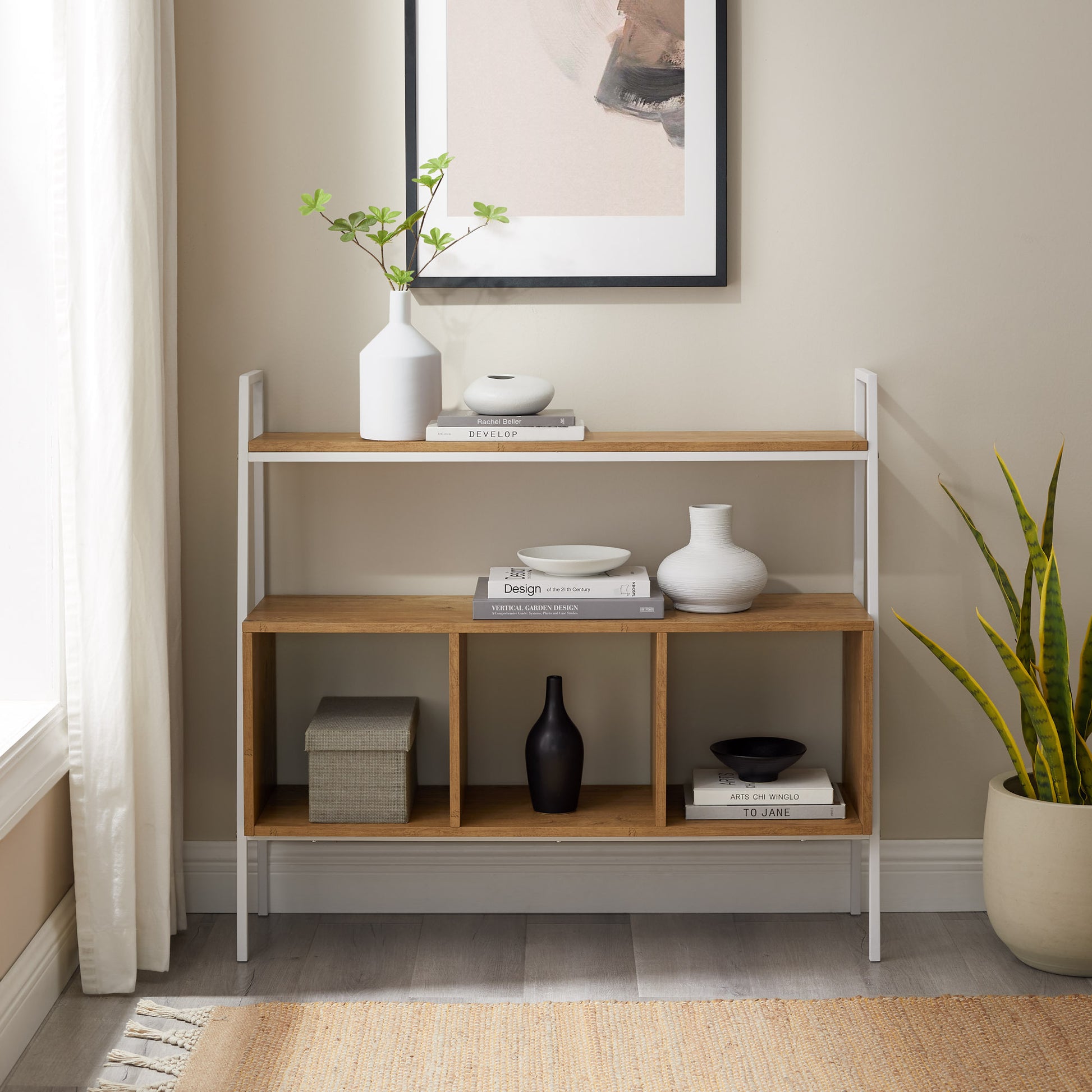 Modern Industrial Metal And Wood 3 Cubby Storage Console English Oak White Mdf Mdf