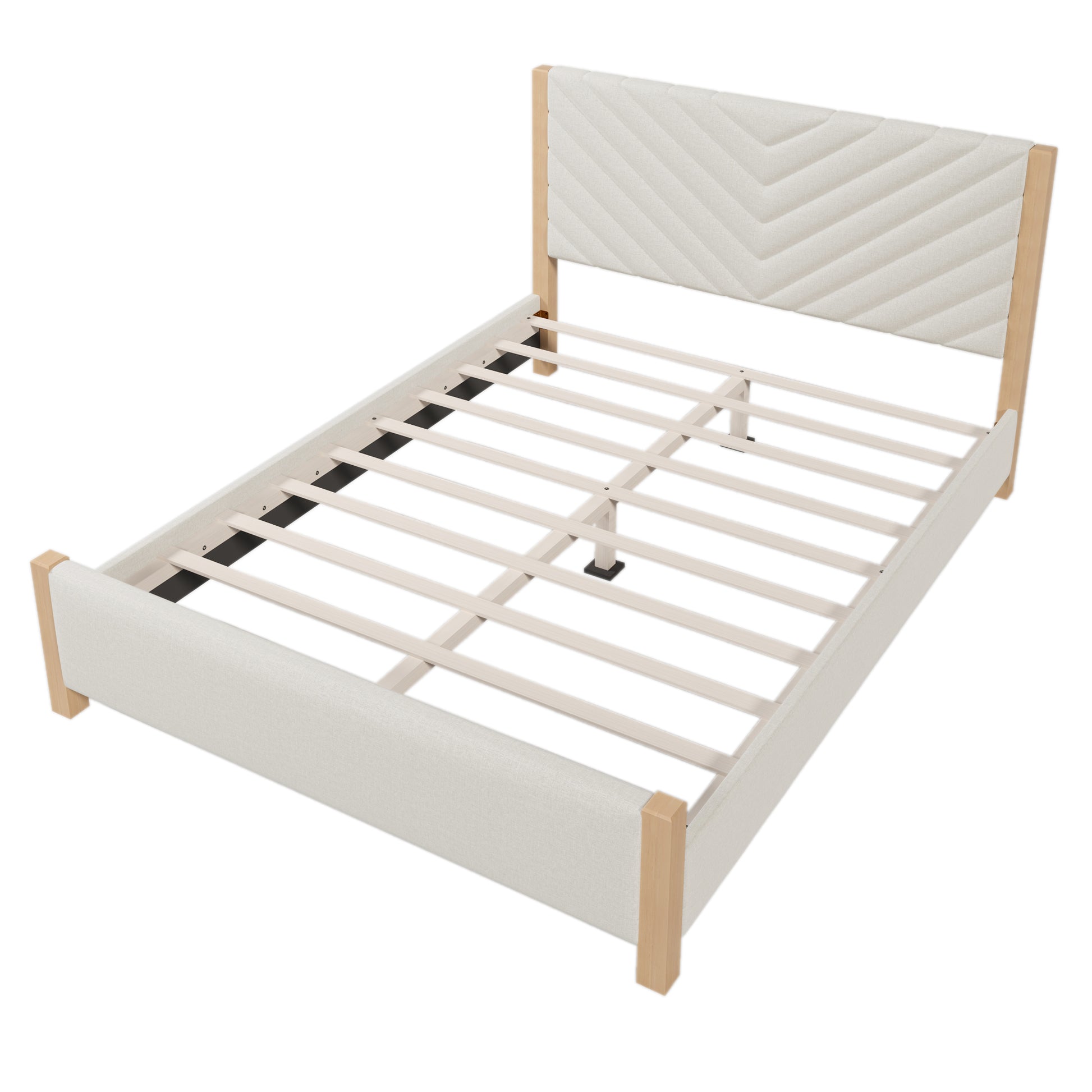 Modern Mid Century Queen Upholstered Platform Bed Frame With Tufted Headboard And Solid Wood Legs,No Box Spring Needed,Beige Box Spring Not Required Queen Beige Wood Bedroom Mid Century Modern,Modern Bed Frame Linen Wood