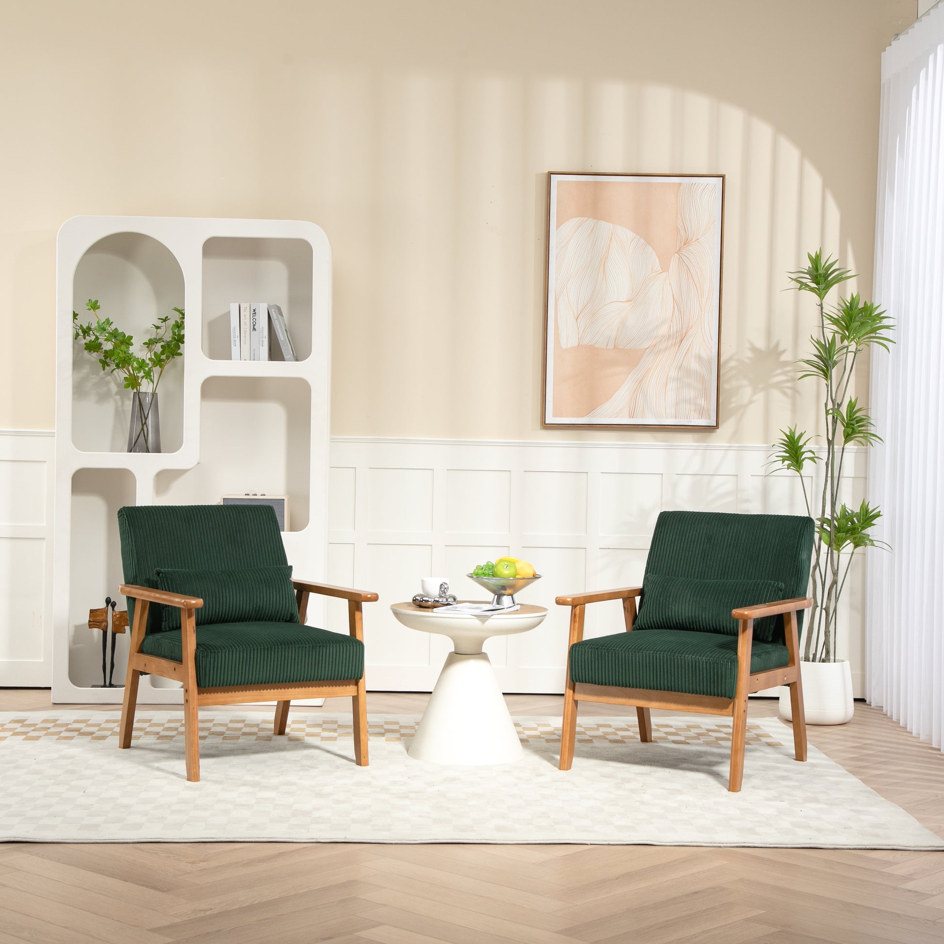 Leisure Chair With Solid Wood Armrest And Feet, Leisure Chair, Wood Frame, Velvet, Solid Rubber Wood Legs, Mid Century Modern Accent Chair, For Living Room Bedroom Studio Chair,Two Packs Emerald Corduroy