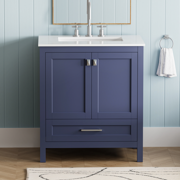 30 Inch Freestanding Bathroom Vanity With Sink, Carrara Engineered Marble Vanity Top With Undermounted Rectangular Ceramic Sink, Large Storage Soft Close Door, Navy Blue 24V03 30Nb Navy Blue Wood