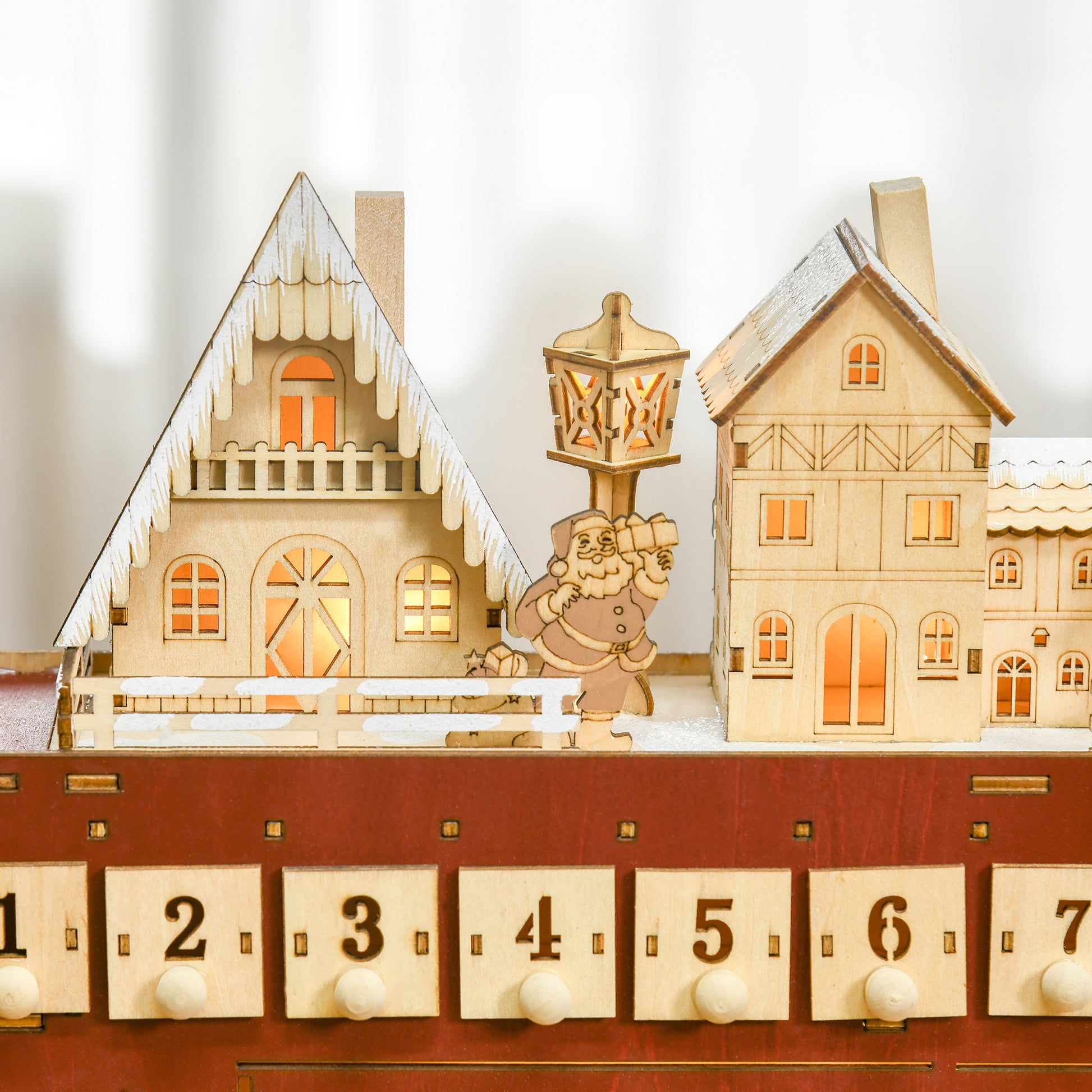 Homcom Christmas Advent Calendar, Light Up Table Xmas Wooden Bus Holiday Decoration With Countdown Drawer, Santa Claus Street House, For Kids And Adults Red Plywood