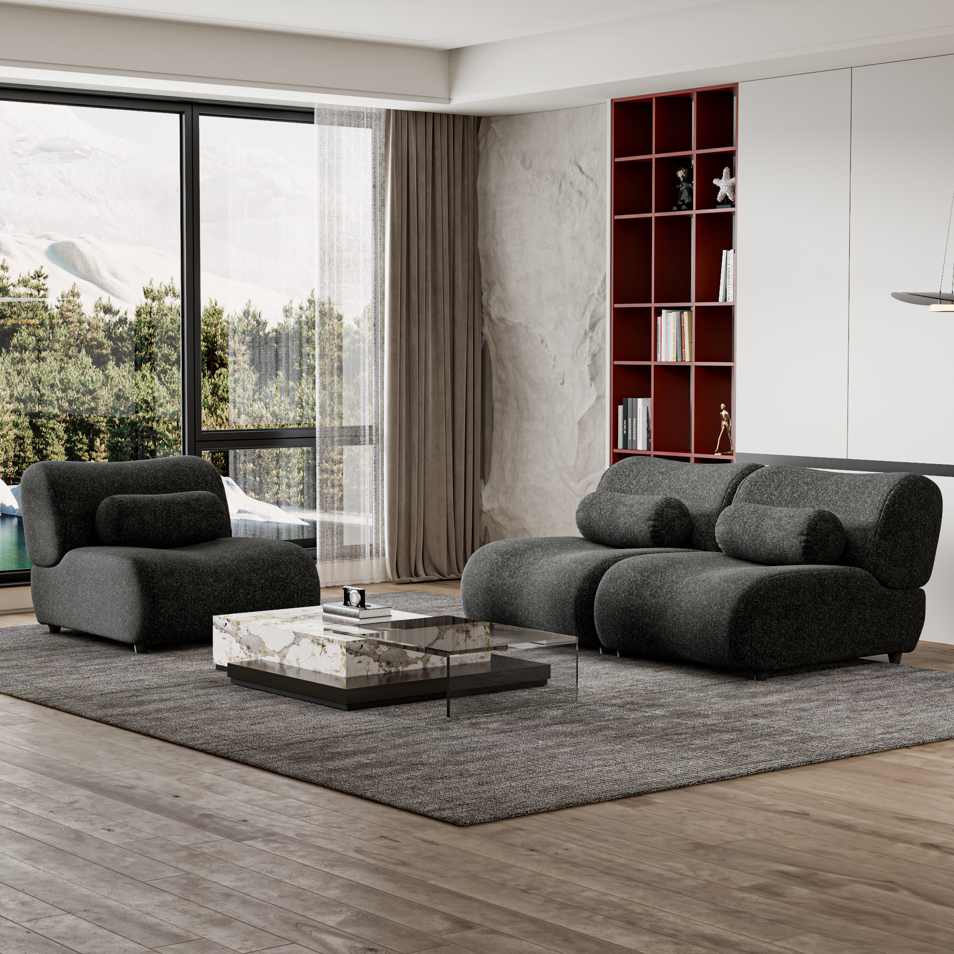 Modern Black Chenille Sofa Set 3 Seat Modular Sectional Couch With Cylindrical Pillows For Living Room Stylish & Comfortable Furniture Black Chenille 3 Seat