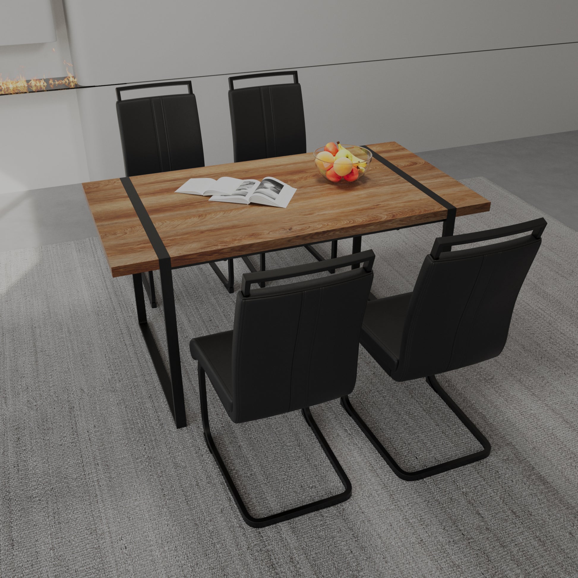 59 "Rural Industrial Rectangular Mdf Wood Color Dining Table Set And Pu Armless Dining Chair Set 4. Kitchen Black Metal Table Leg Dining Chair Set Wood Mdf