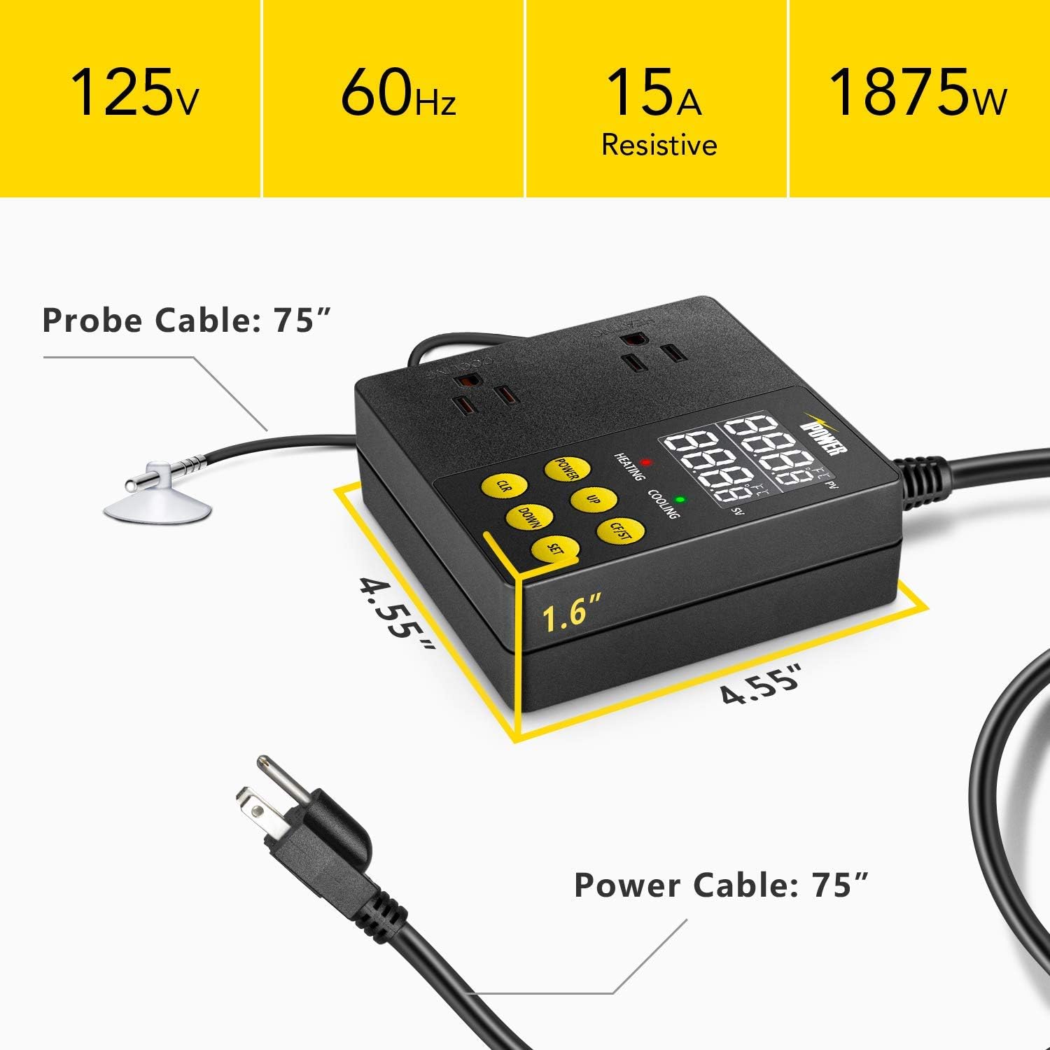 Professional Digital Heating And Cooling Temperature Controller For Seed Germination, Reptiles And Brewing Breeding Fermenter Greenhouse, Grow Tent, 1875W Black Ceramic Tile Iron