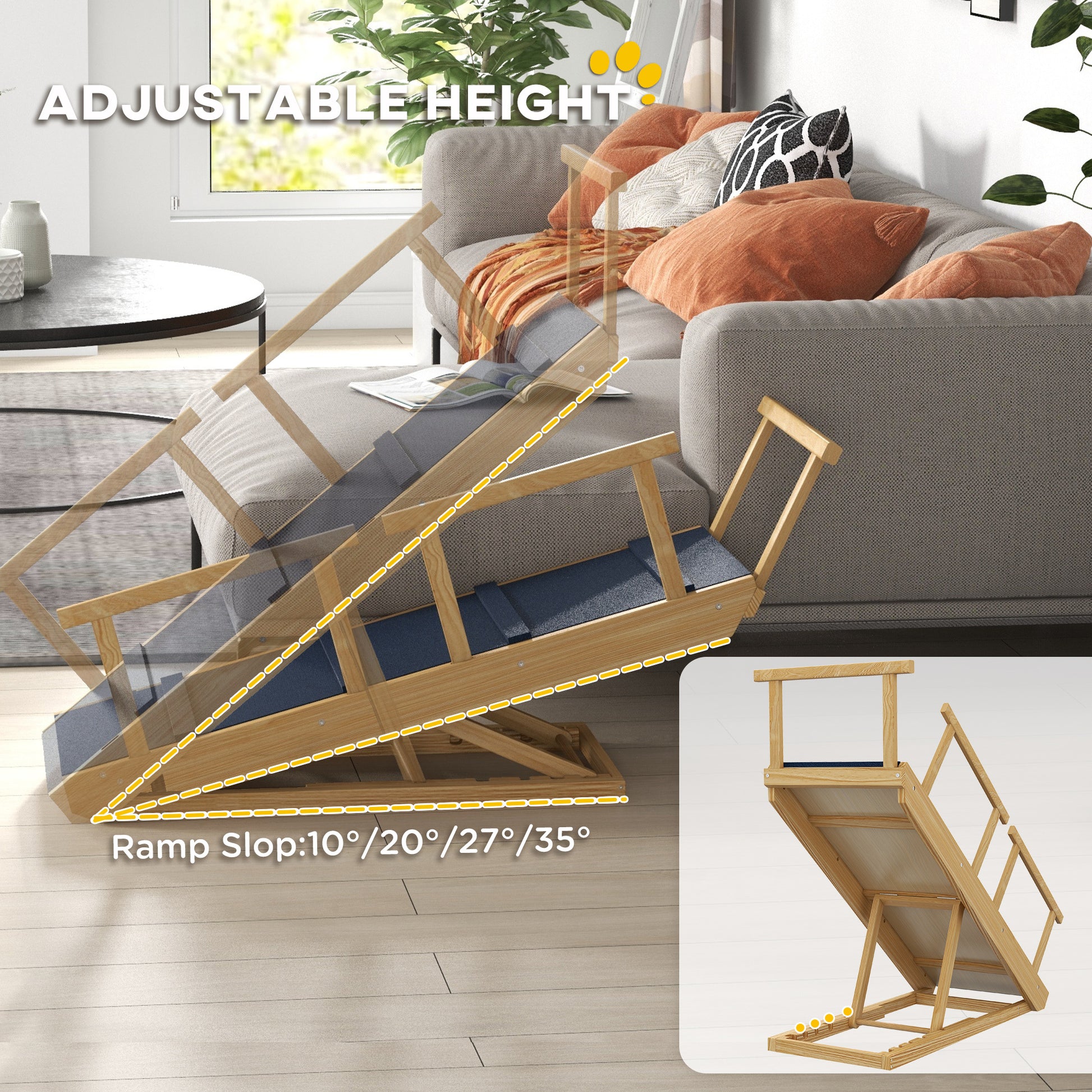 Adjustable Dog Ramp For Small Dogs - 4 Height Settings, Folding Wooden Pet Ramp For Beds & Couches