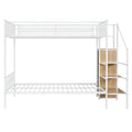 Twin Over Full Metal Bunk Bed With Wire Shelving And Lateral Storage Ladder And Wardrobe, White White Metal