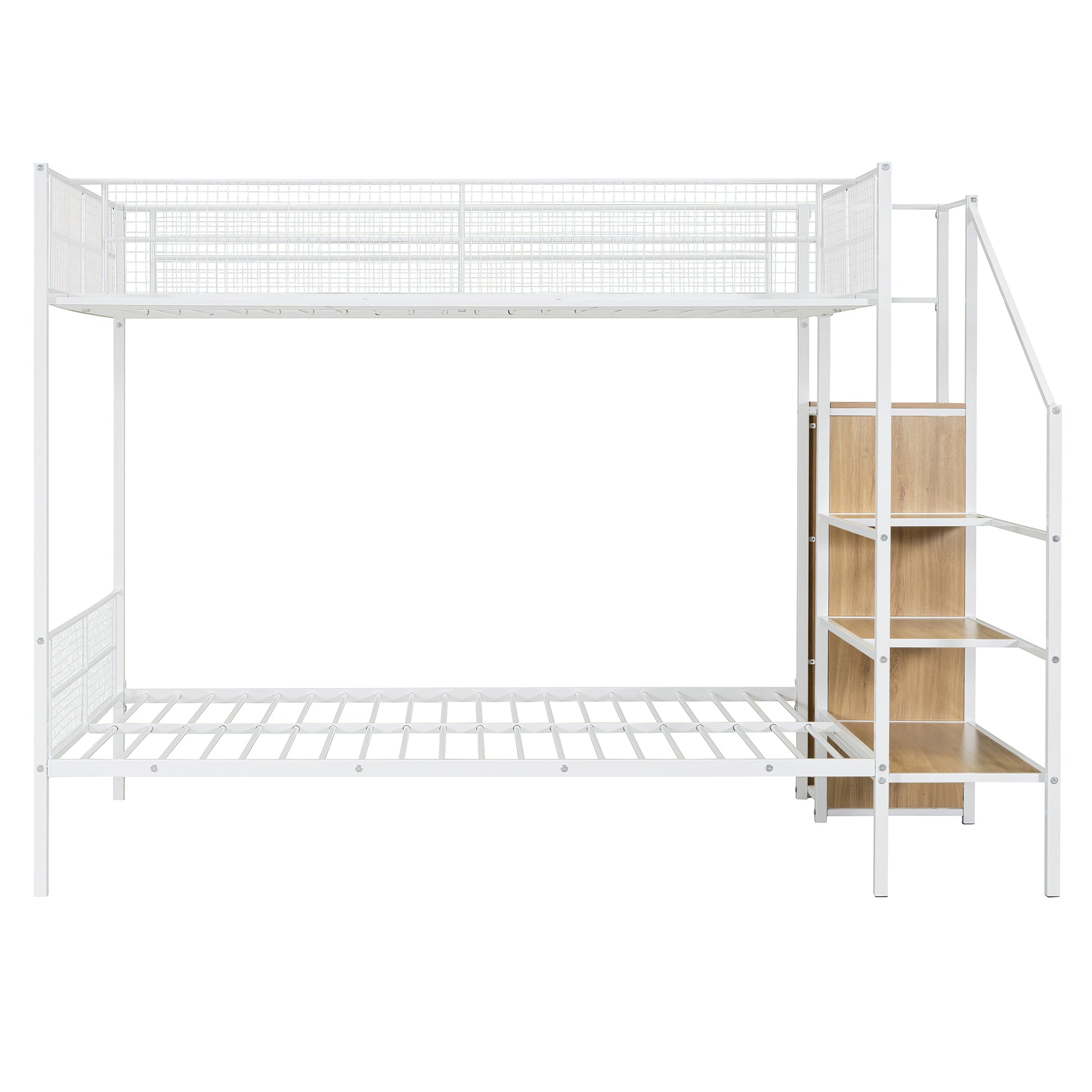 Twin Over Full Metal Bunk Bed With Wire Shelving And Lateral Storage Ladder And Wardrobe, White White Metal