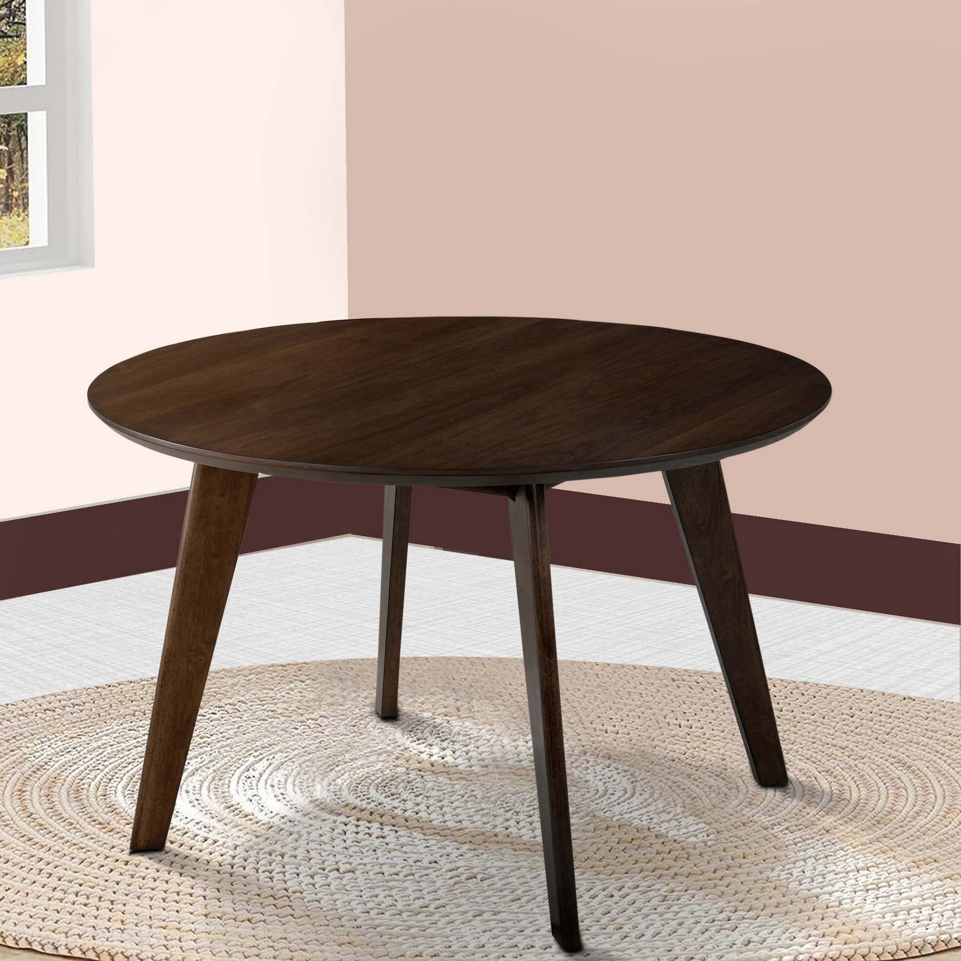 Round Wooden Dining Table With Fin Style Leg Support, Walnut Brown Brown Solid Wood