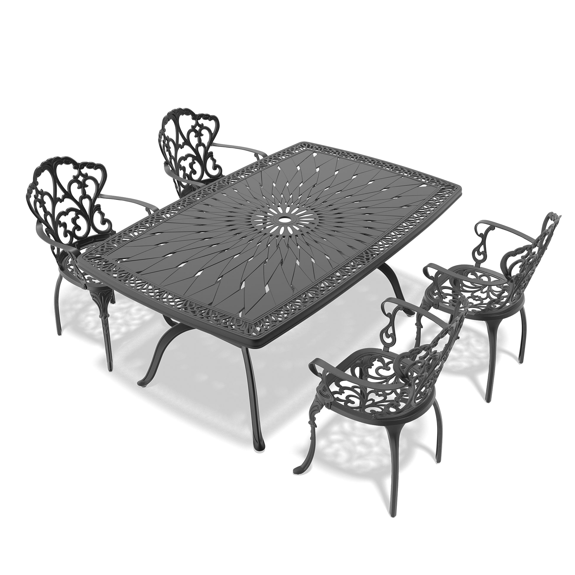 Cushions In Random Colors 5 Piece Set Of Cast Aluminum Patio Furniture With Cushions Yes Dining Set Black Seats 4 Rust Resistant Frame Water Resistant Cushion Garden & Outdoor Complete Patio Sets Aluminium