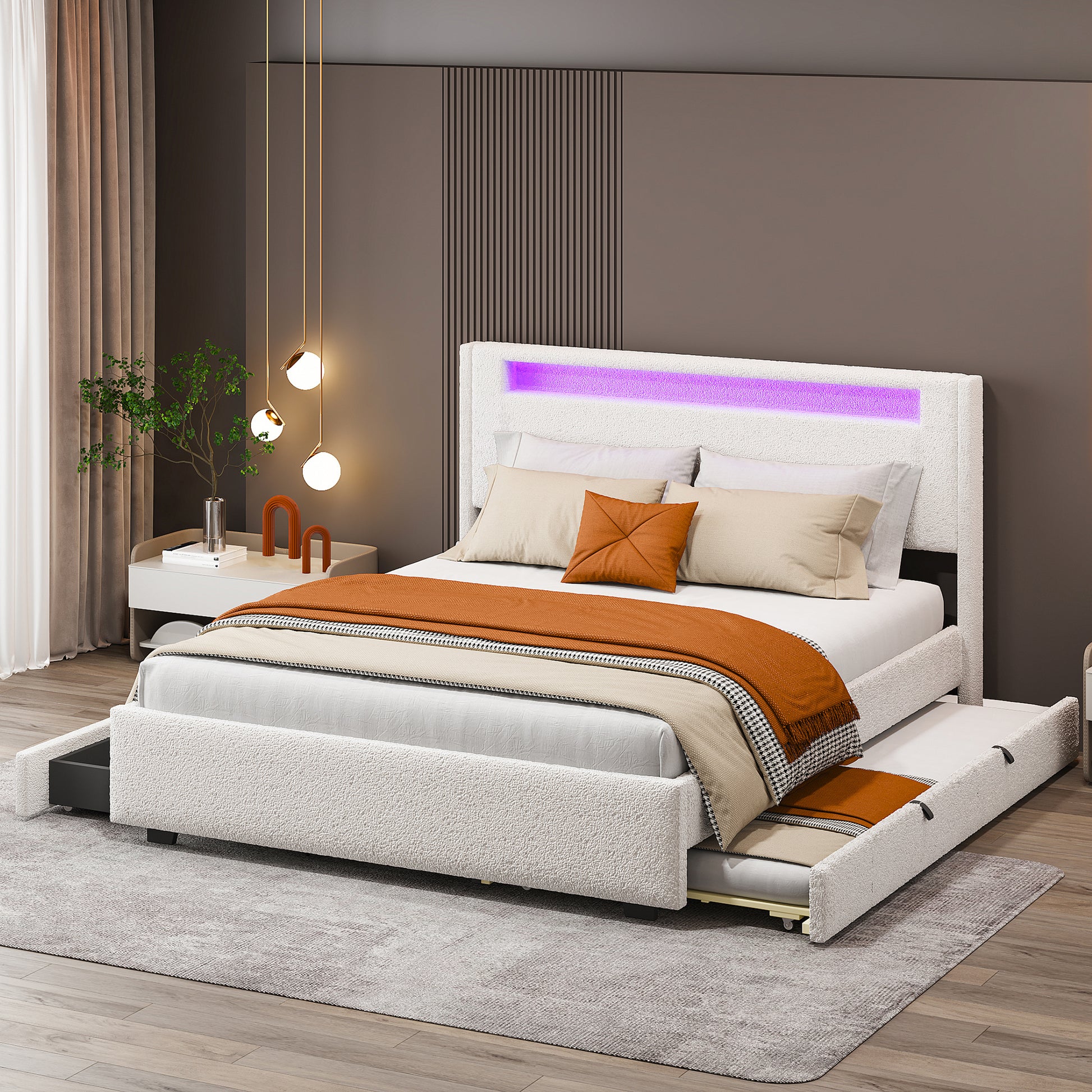 Queen Size Upholstered Platform Bed With Led Frame, With Twin Xl Size Trundle And 2 Drawers, Teddy Fleece, White White Fleece