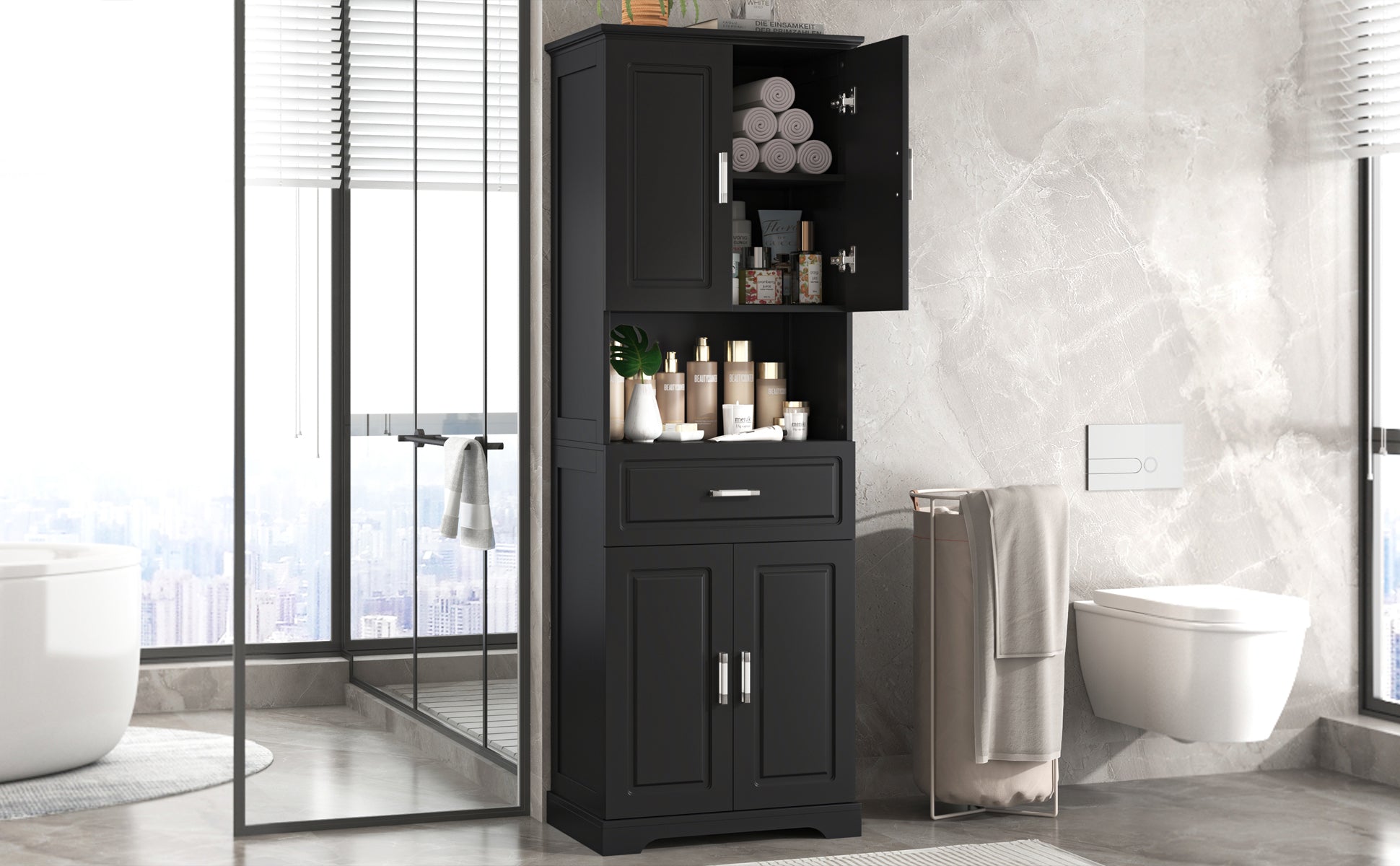 Tall Bathroom Cabinet With Four Doors, Large Storage Space Open Shelve, Upper Storage Cabinet, Black Black Mdf