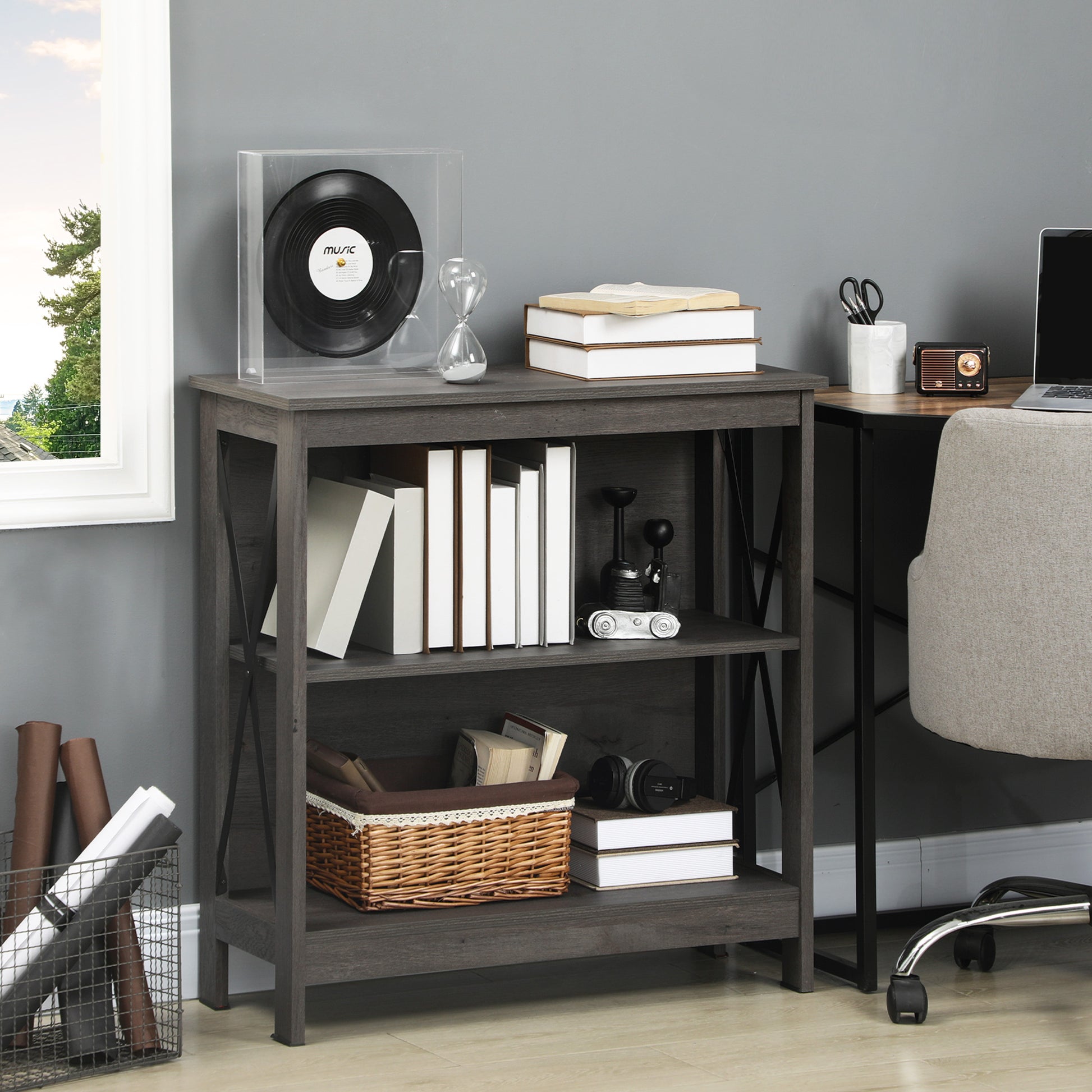 Homcom Industrial Style Corner Open Bookshelf With Storage Shelves And Metal X Bar Frame For Living Room, Dark Grey Grey Engineered Wood