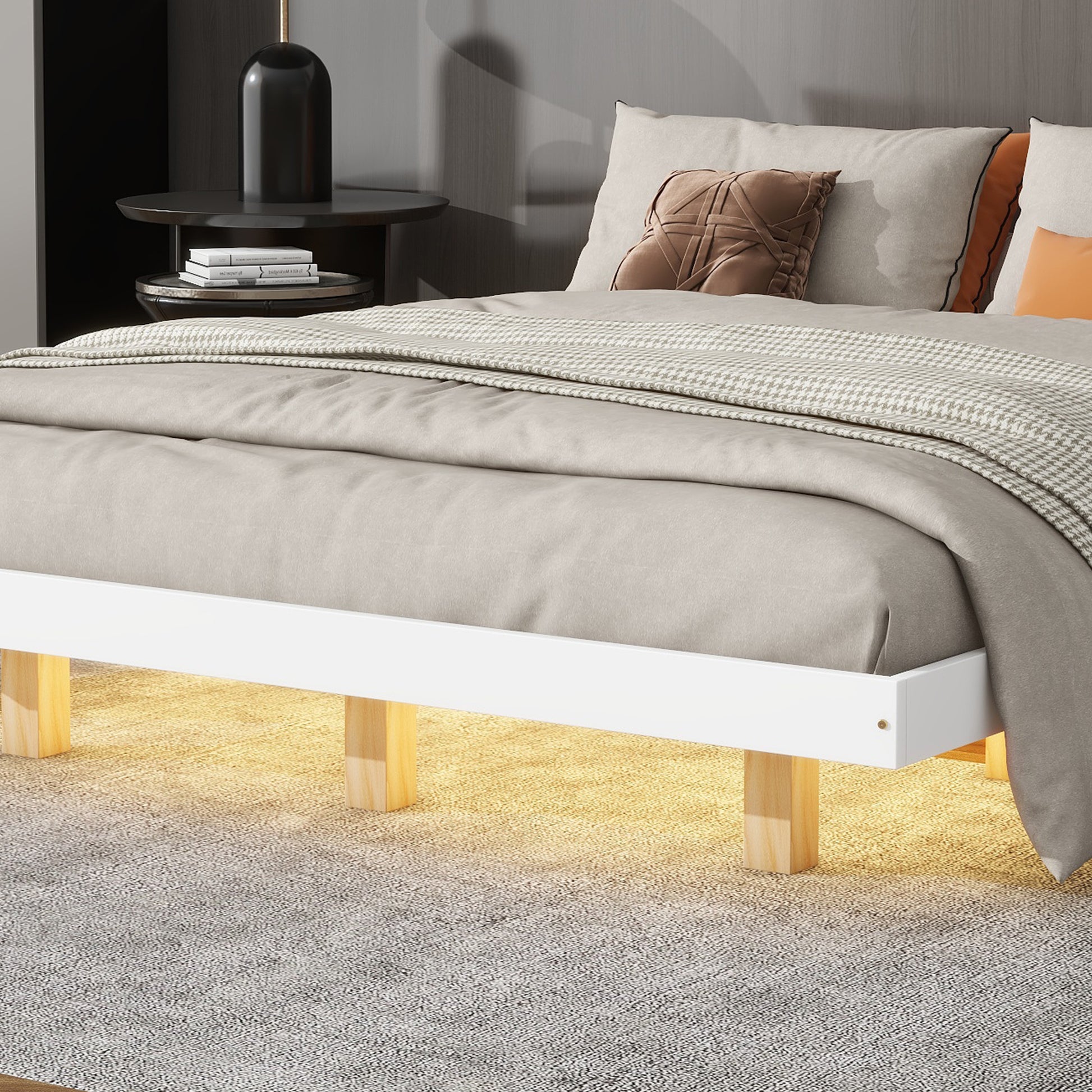 Queen Size Floating Bed With Led Lights Underneath,Modern Queen Size Low Profile Platform Bed With Led Lights,White Queen White Wood Bedroom American Design Pine Bed Frame Pine